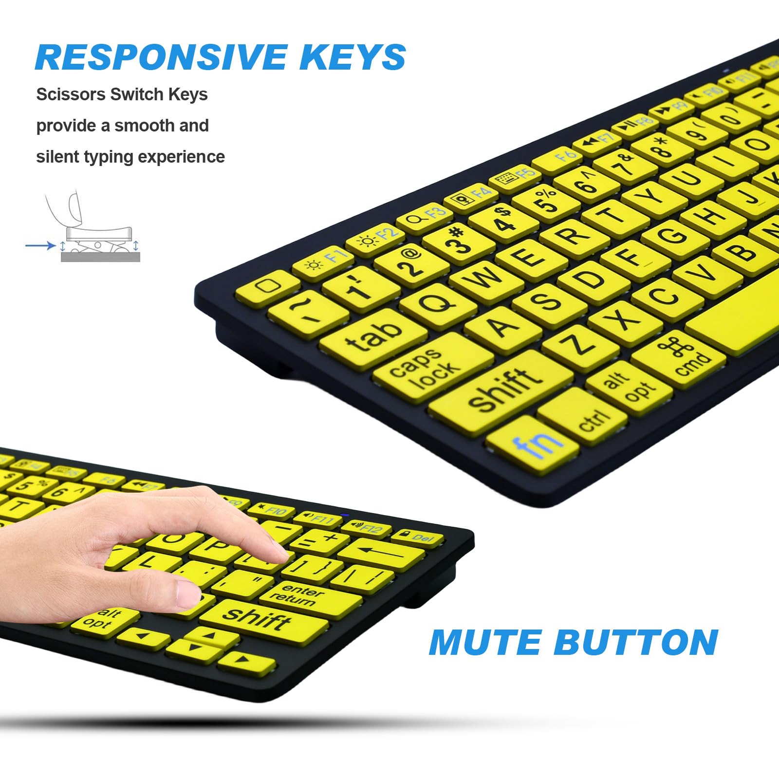 HXMJ Large Print Mini Bluetooth Keyboard for iPad/iPhone - Yellow - E67 Model - Ideal for Seniors and Visually Impaired - Plastic Material