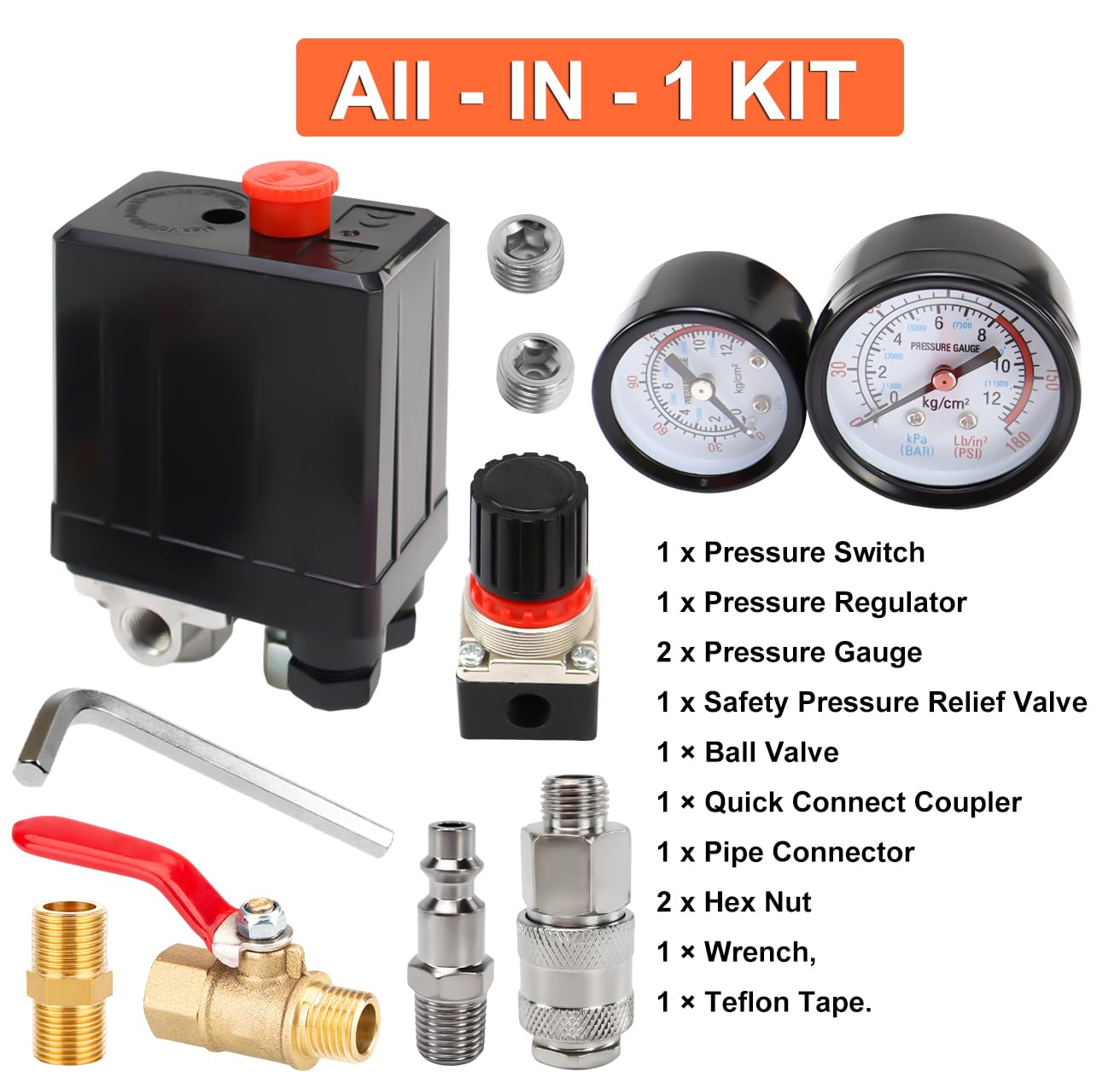 Air Compressor Pressure Switch, 90 120 Psi Pressure Switch For Air Compressor,Heavy Duty 4 Way Pressure Switch With 0 180 Psi Ai