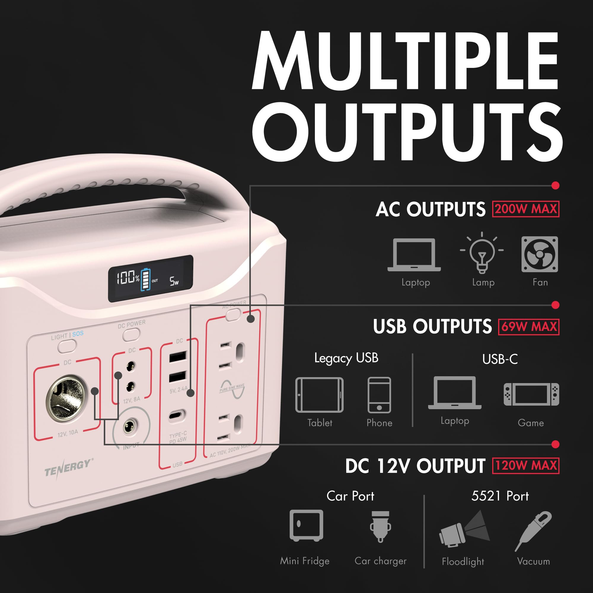 Tenergy T320 Portable Power Station, 300Wh Battery, 110V/200W (Surge 400W) Two Pure Sine Wave Ac Outputs, Usb Type C Pd 45W, Mob