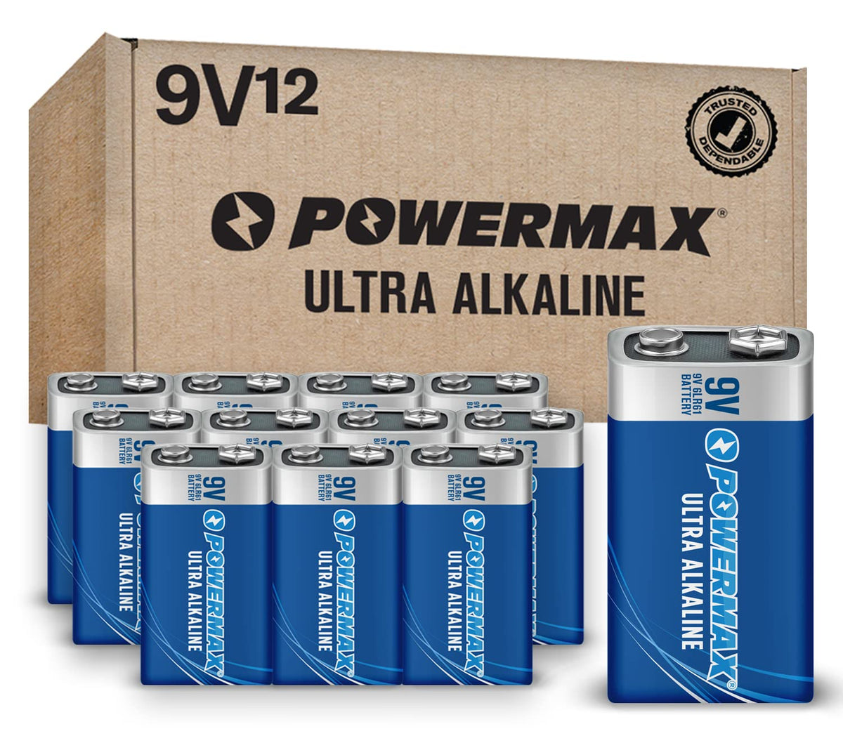Powermax 12 Count 9V Batteries, Ultra Long Lasting Alkaline Battery, 7 Year Shelf Life, Reclosable Packaging