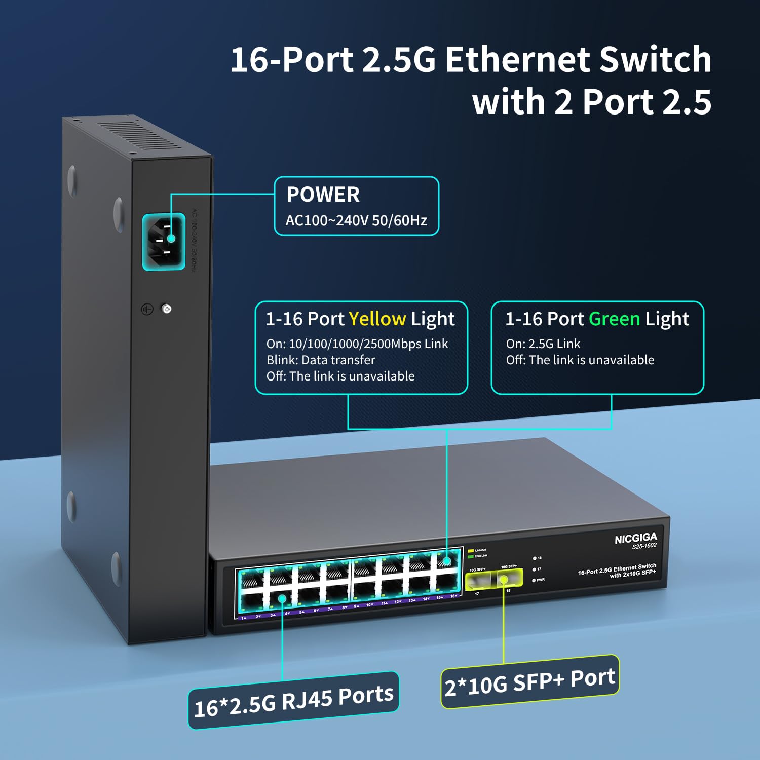 16 Port 2.5G ? 2 Port 10G Sfp+ Ethernet Switch, Nicgiga 18 Port 2.5Gb Network Switch Unmanaged, Plug & Play, Desktop Or 19 Inch