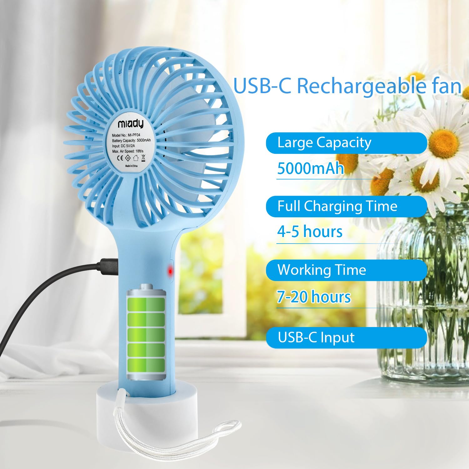 2 Pack Upgraded 5000Mah Portable Handheld Fan 3 Speed Mini Usb Strong Wind 7 20 Hours Runtime Personal Electric For Travel Office Outdoor (Cream Blue+Pink)