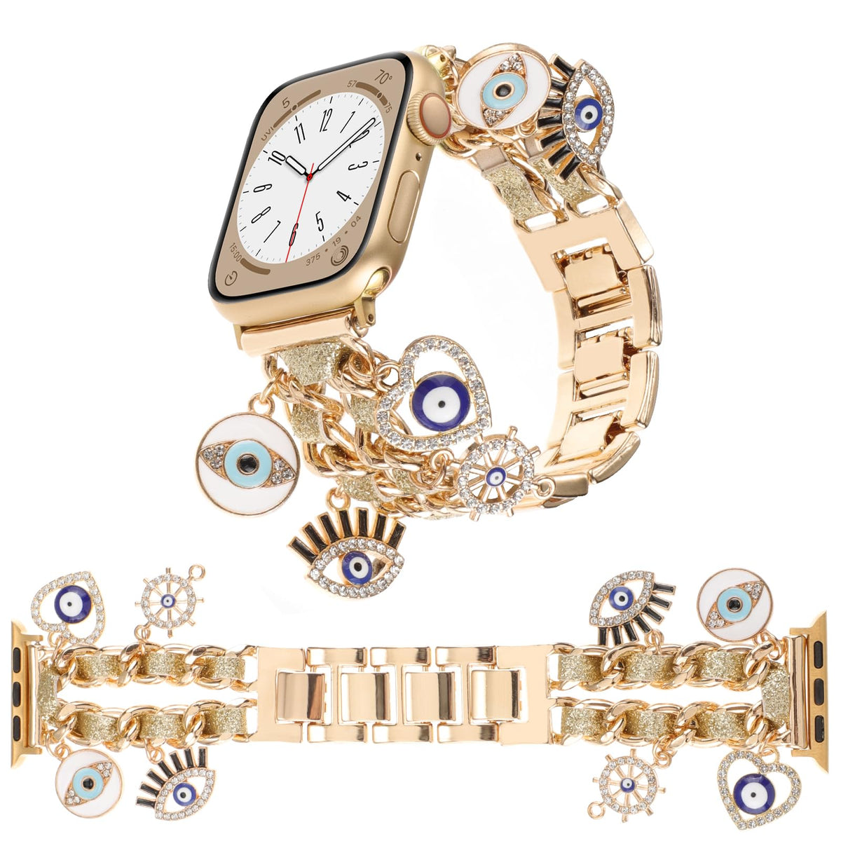 Realsign Women'S Gold Leather Watch Band With Evil Eye Pendants, 42Mm 45Mm Compatible With Apple Watch Series 1 6, Adjustable