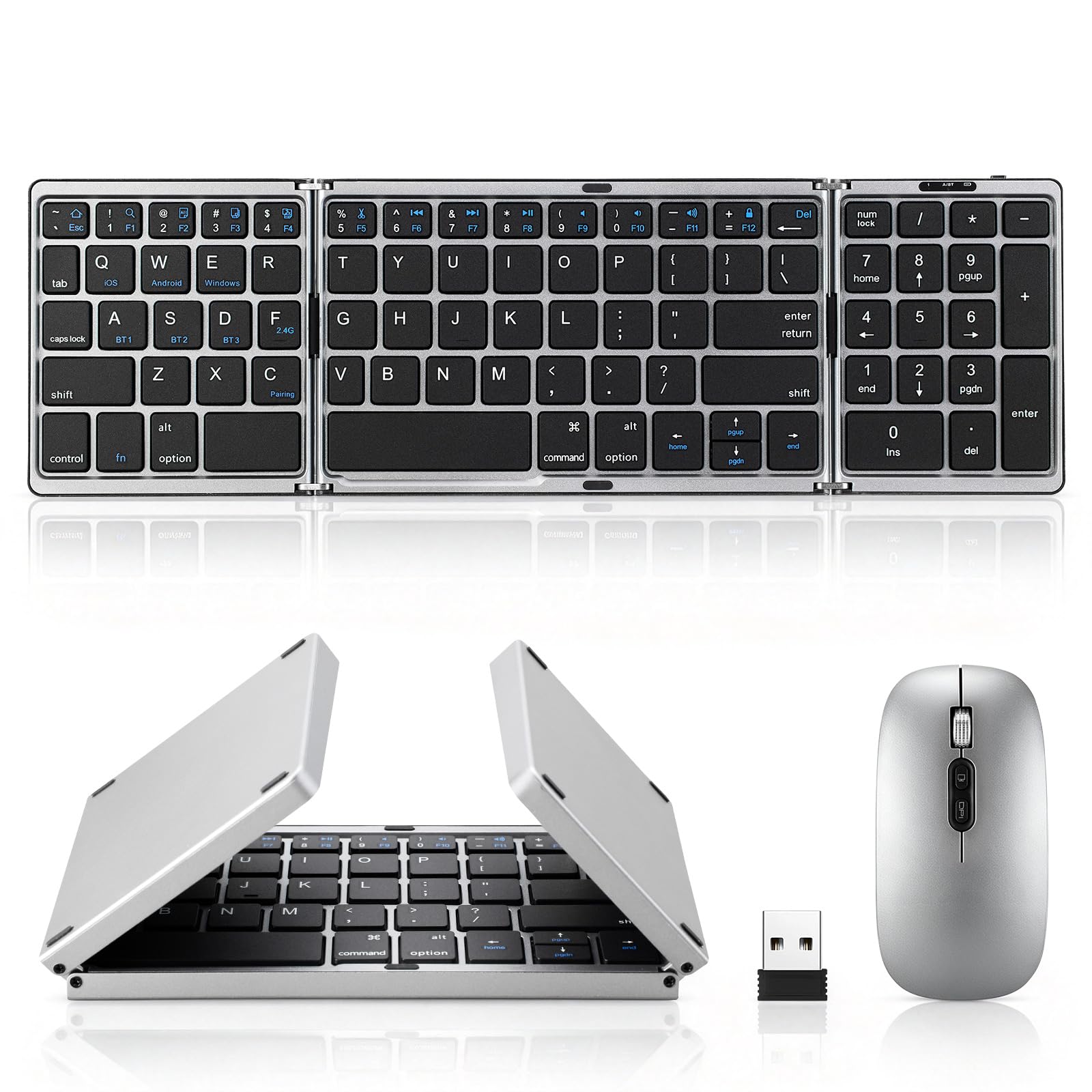 Foldable Keyboard and Mouse, Bluetooth Dual Model Folding, 2.4G + BT5.0 x 3, FullSize Portable Travel Keyboard & Rechargeable W