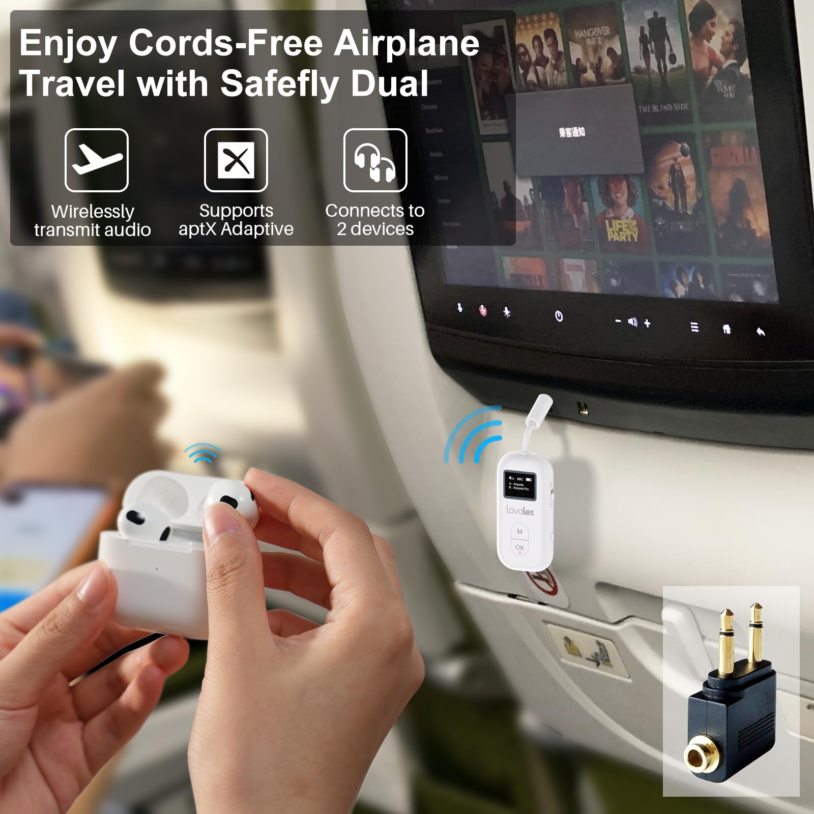 Safefly Pro Bluetooth 5.3 Transmitter & Receiver Bluetooth Audio Adapter W/Screen For Up To 2 Bluetooth Headphones; Use With Any