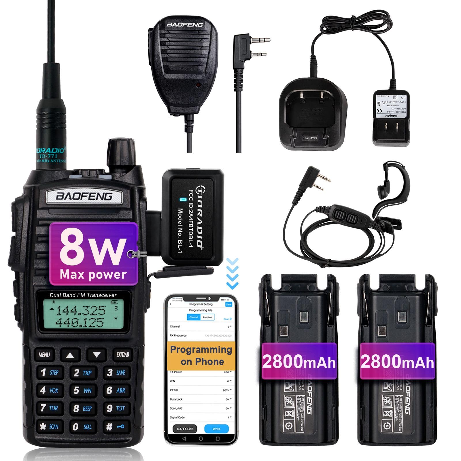 Baofeng Uv 82 Baofeng Radio High Power Ham Radio Handheld With Wireless Programmer,Walkie Talkies With Earpiece, Extra 2800Mah B