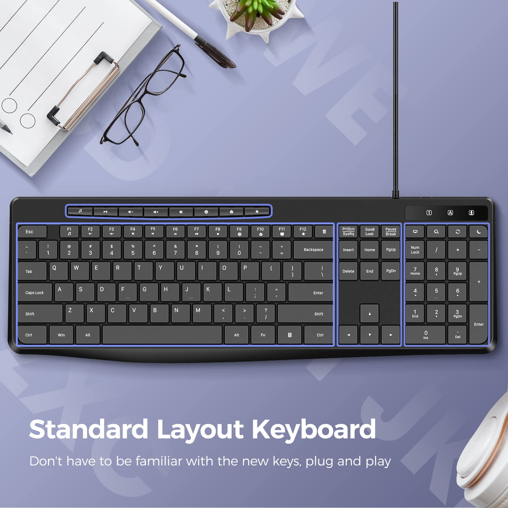 Wired Keyboard,Quiet Keyboard,Multimedia Usb Computer Keyboard,Silent Keyboard With Low Profile Chiclet Keys,Large Number Pad,Sp