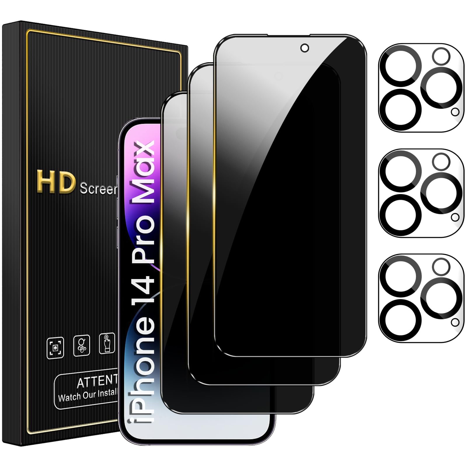 Nbiefuny 3 Pack Privacy Screen Protector For Iphone 14 Pro Max 6.7 Inch With 3 Pack Camera Lens Protector, Anti Spy Tempered Gla