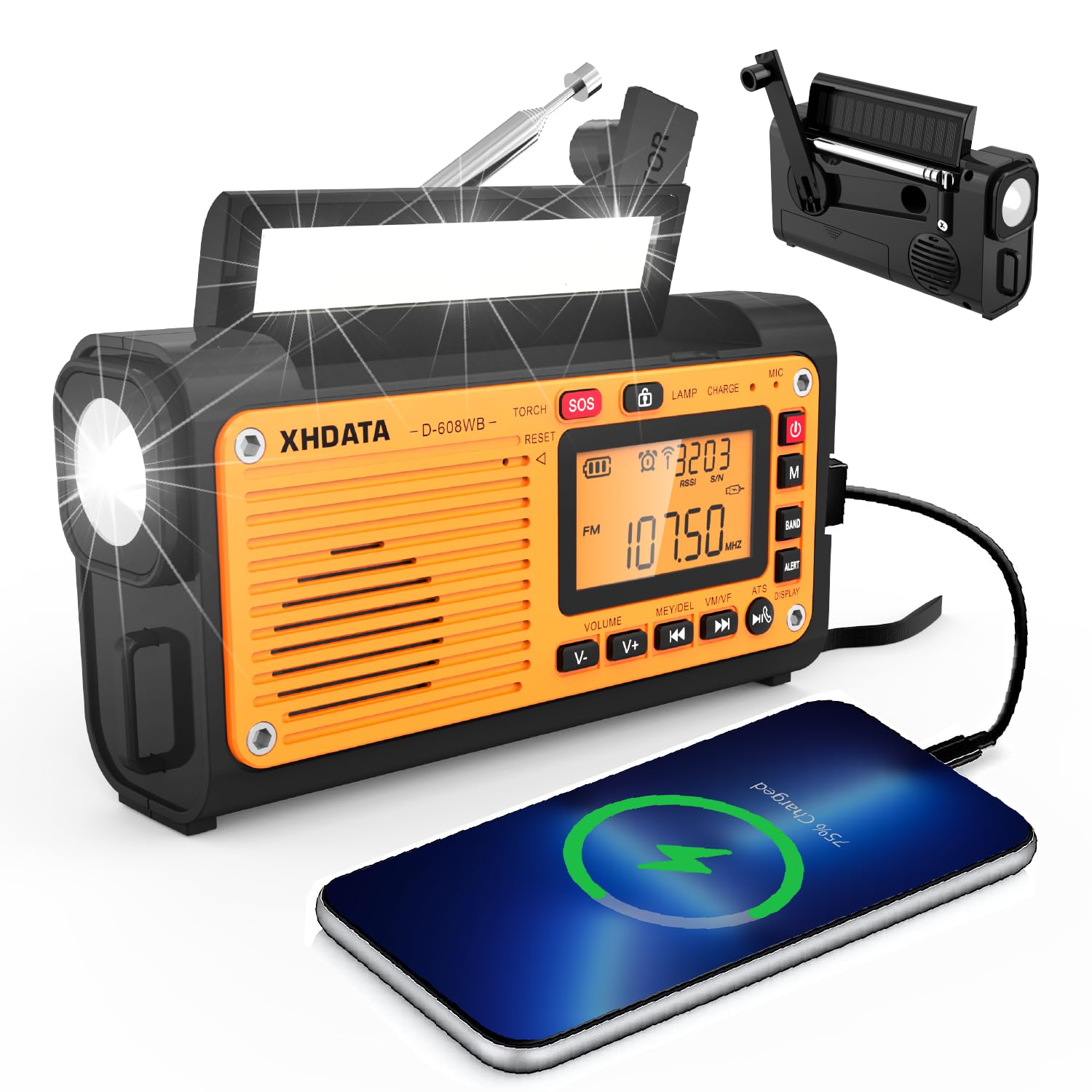 Xhdata D608Wb Emergency Radio Hand Crank Weather Radio Fm/Am/Sw/Noaa Alert Portable Radio With Phone Charger, Bluetooth Mp3, Usb