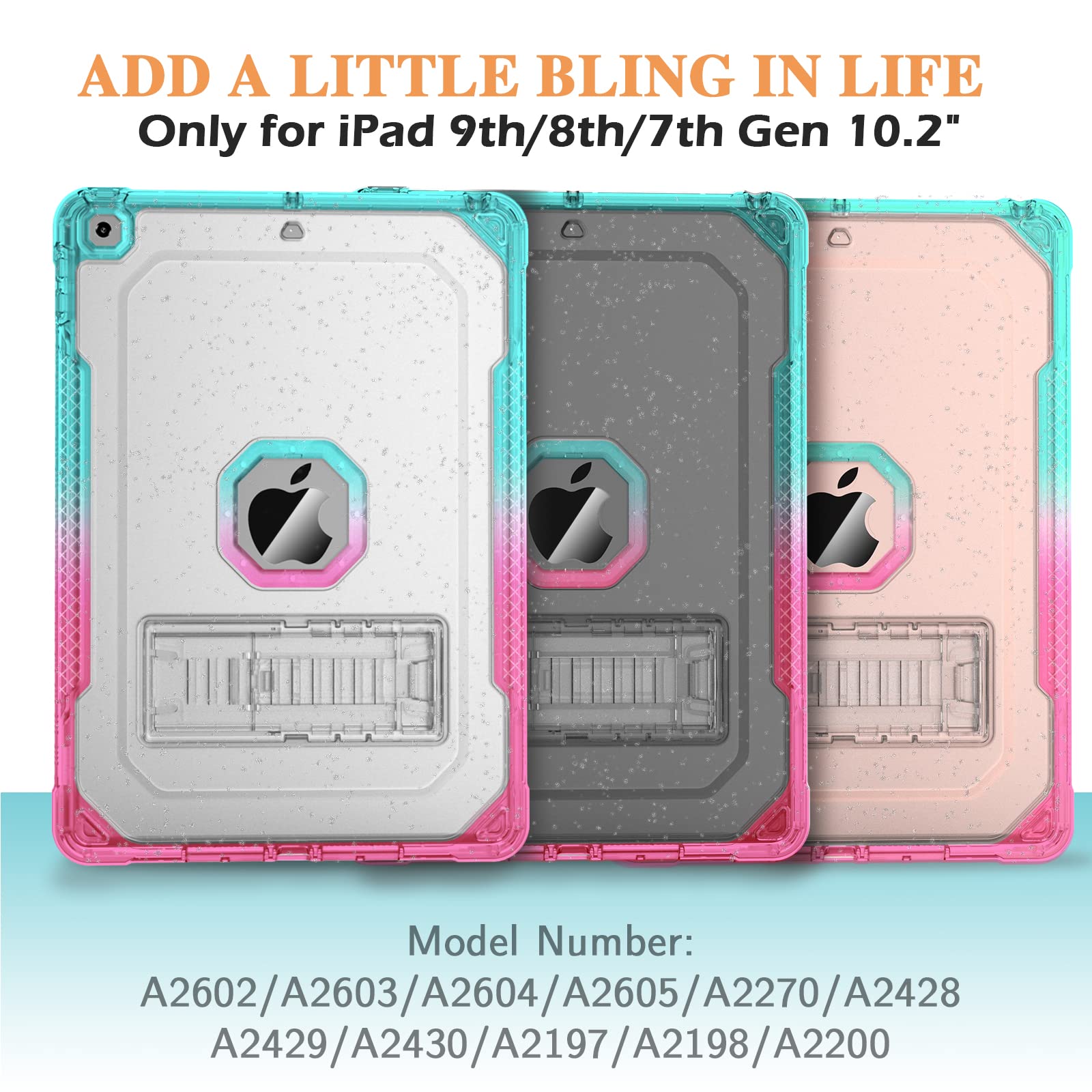 Zonefoker For Ipad 9Th Generation Case, For Ipad 8Th/7Th Gen 10.2 Inch Case 2021/2020/2019, Clear Glitter Dual Layer Slim Sturdy