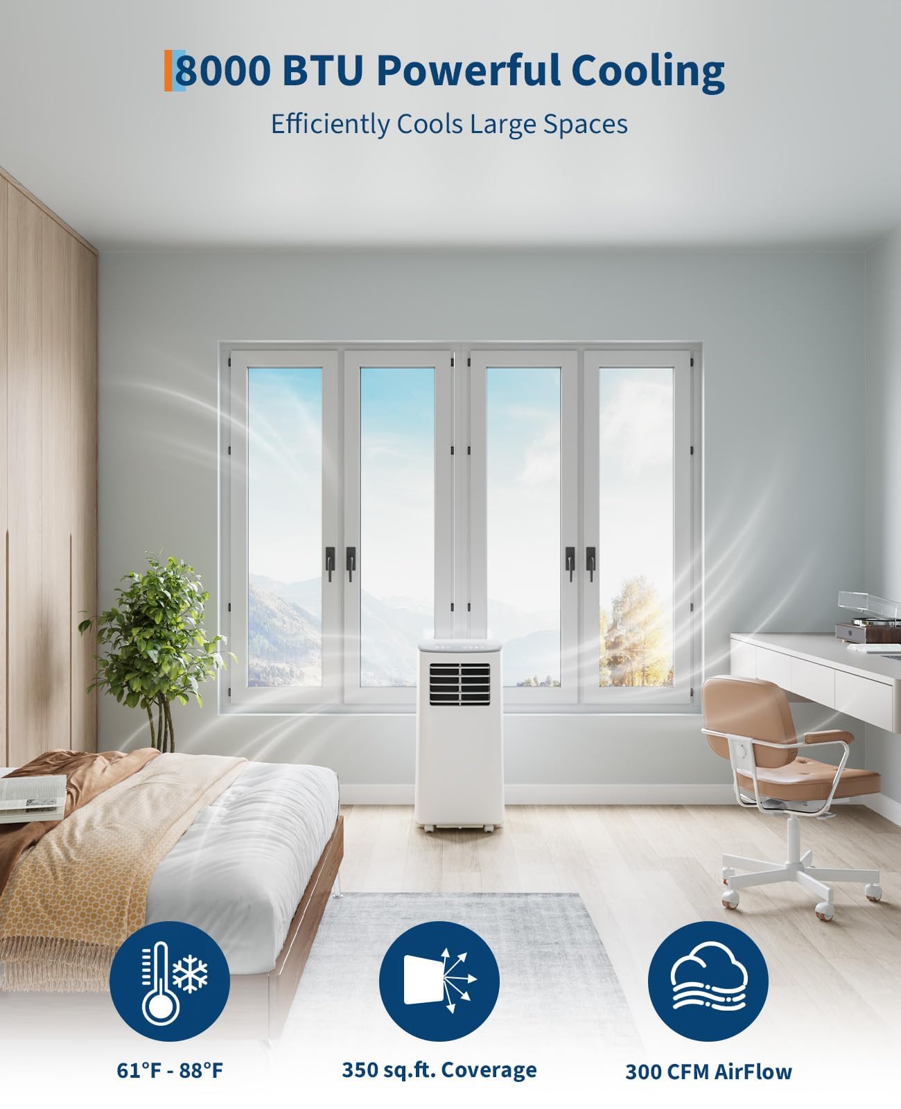 Garveehome Portable Air Conditioner, 8000 Btu Quiet Cooling With Remote, Ventless Design & Auto Evaporation, For Large Room, Sta