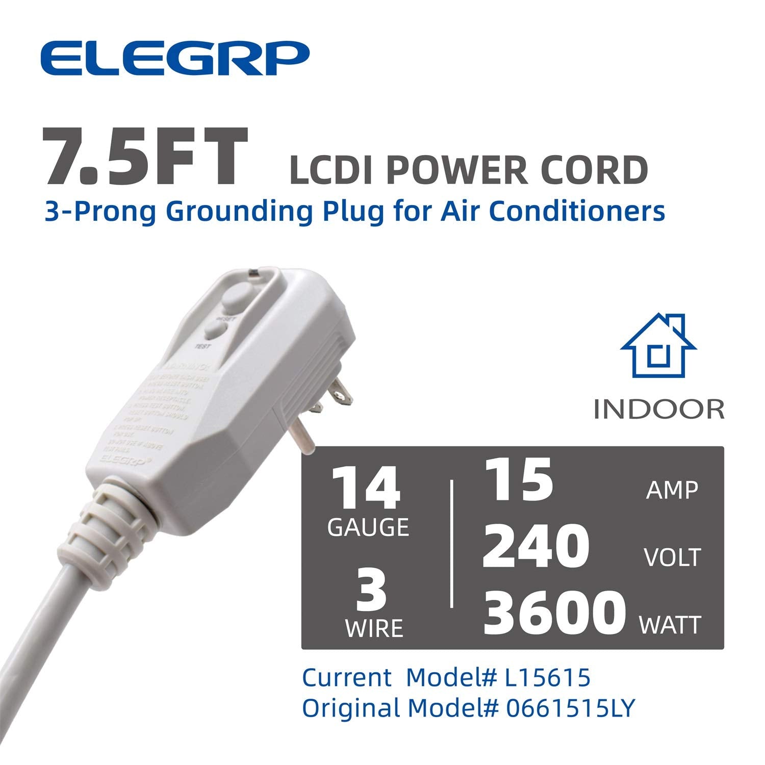 Elegrp 240Vac 15Amp 3600W 14Awg Lcdi Power Cord Plug 60Hz Nema 6 15P For A/C Air Conditioner, E250451 Ul Certified, 7.5Ft Leakag