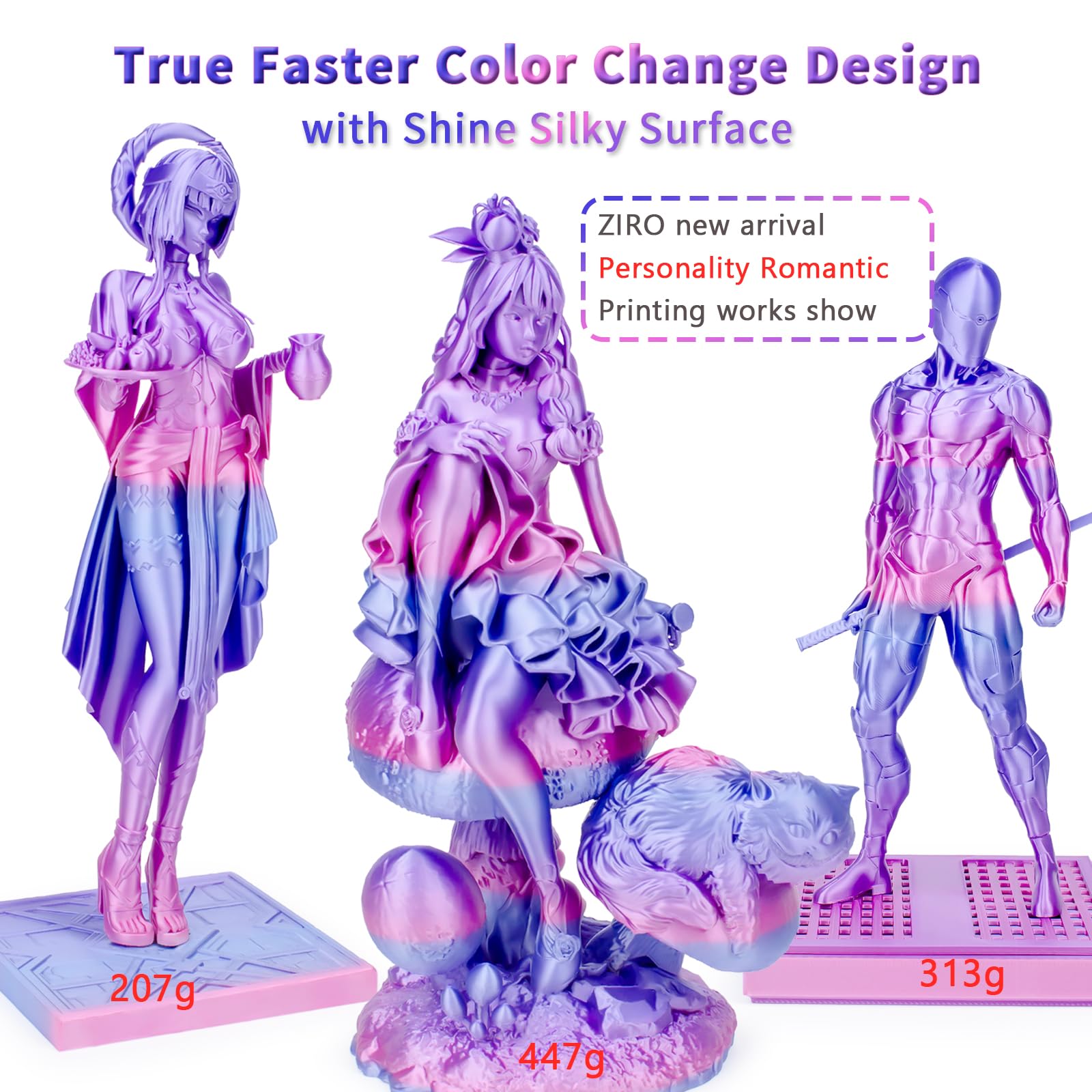 Ziro Silk Fast Color Changing Pla Filament, Shine Multi Color Filament 1.75Mm, Color Change By Length, Dimensional Accuracy +/ 0