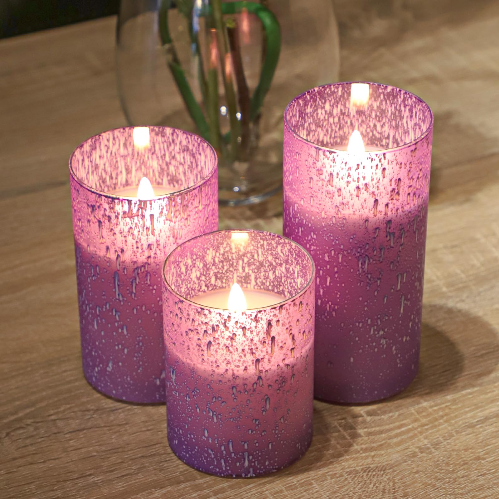 Hjandhj Purple Flameless Candles With Remote, Flickering Battery Operated Candles With Timer, Set Of 3 Led Pillar Candles For Ou