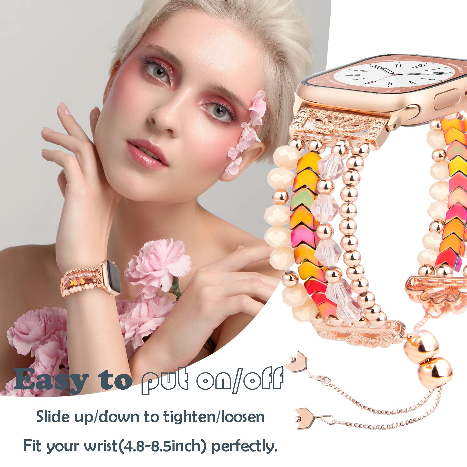 Beaded Bracelet Band Compatible For Apple Watch Ultra Series Se 8 7 6 5 4 3 2 1, Fohuas Adjustable Arrow Crystal Rainbow Pearl B