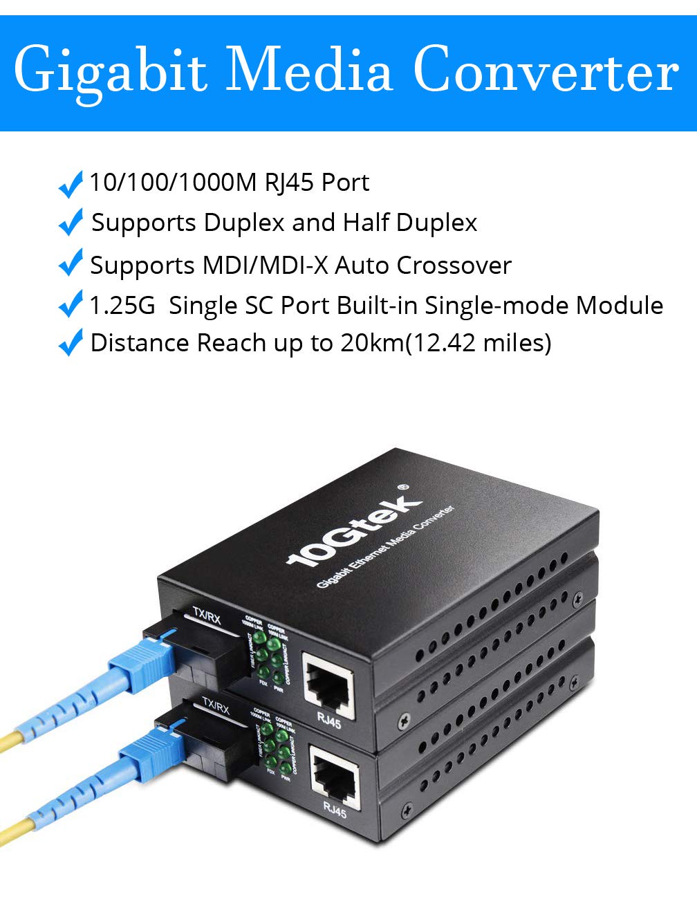 Bidi Gigabit Single Mode Sc Media Converter, 10/100/1000M Fiber To Ethernet Converter, 1000Base Fx Single Sc To 10/100/1000Base
