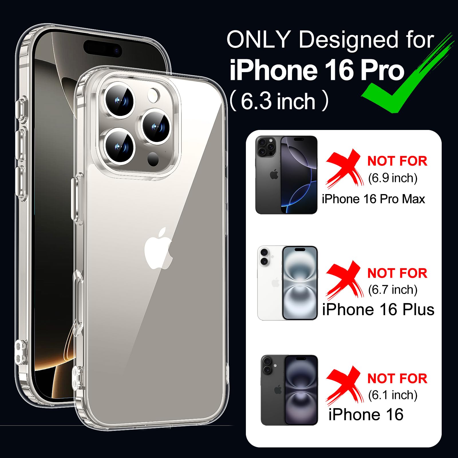 Mozoter For Iphone 16 Pro Case Clear,[Anti Yellowing] [Non Slip] Shockproof Bumper Phone Cover,Slim Thin Cute Case For Iphone 16