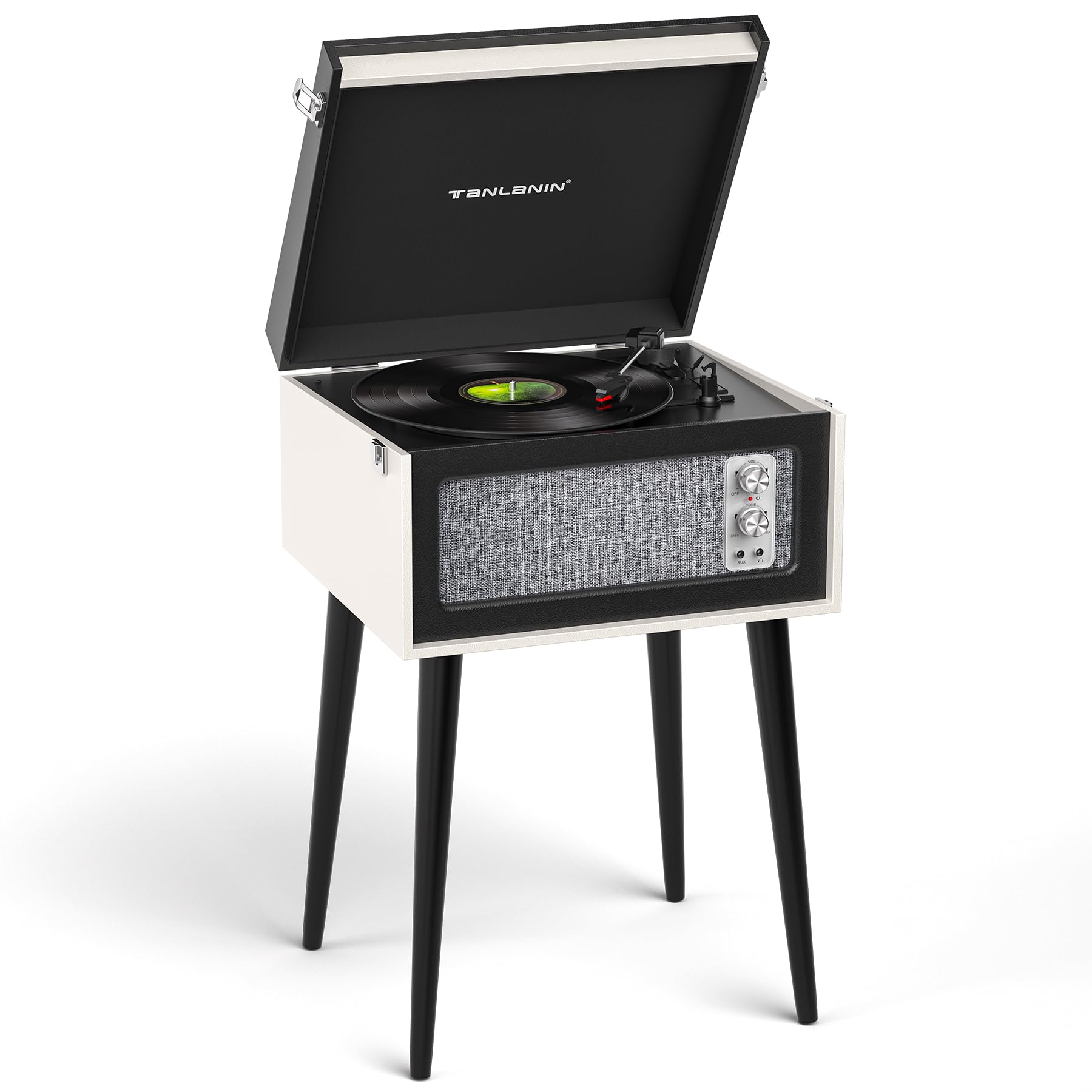 Vintage Standing Black Vinyl Record Player with Detachable Legs, Built-in Stereo Speakers, Treble & Bass Gain, 33/45/78 RPM LP P