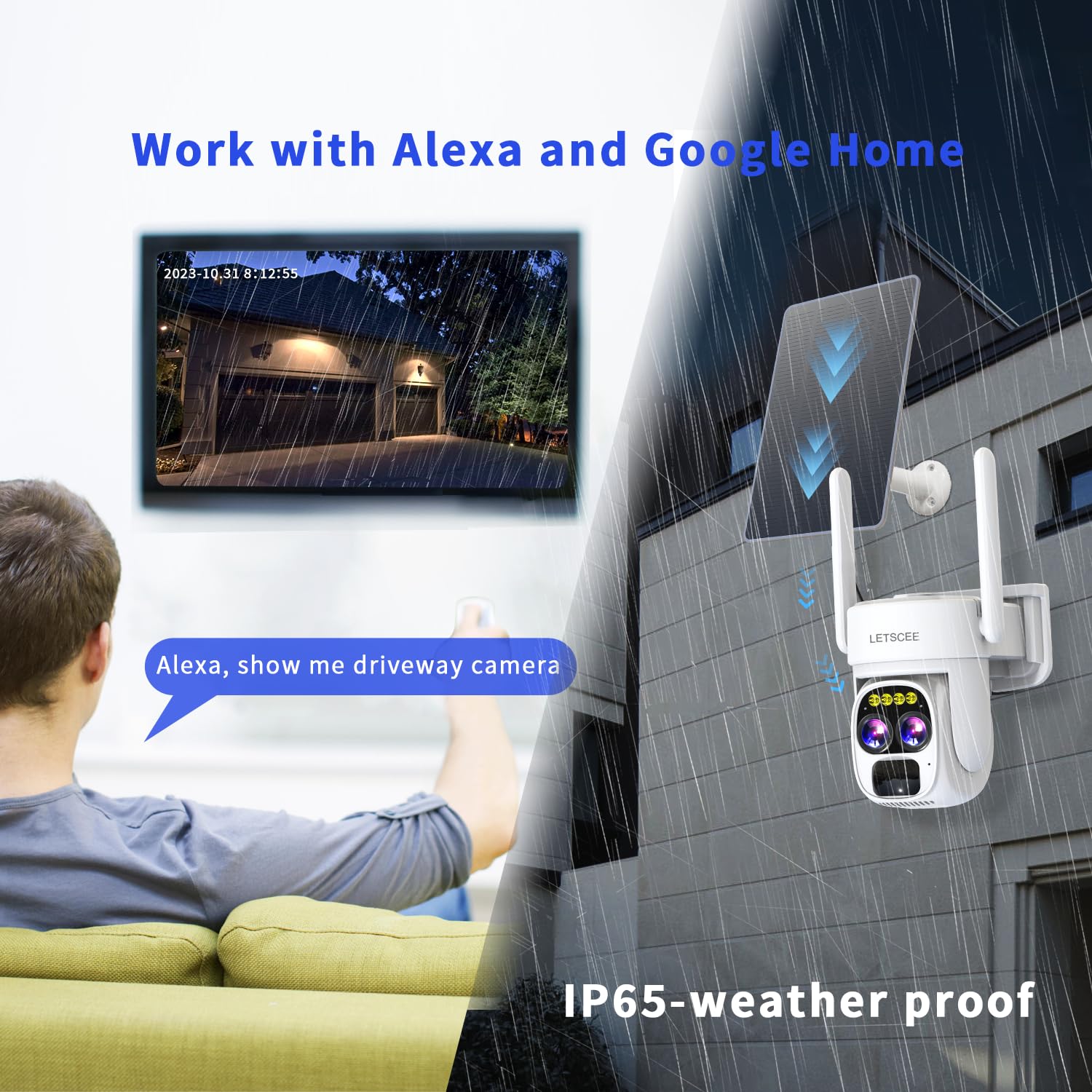 Letscee Security Cameras Wirelss Outdoor Solar Powered For Home Security, 360 View Outside Camera,Motion Detection,10X Hybrid Zo