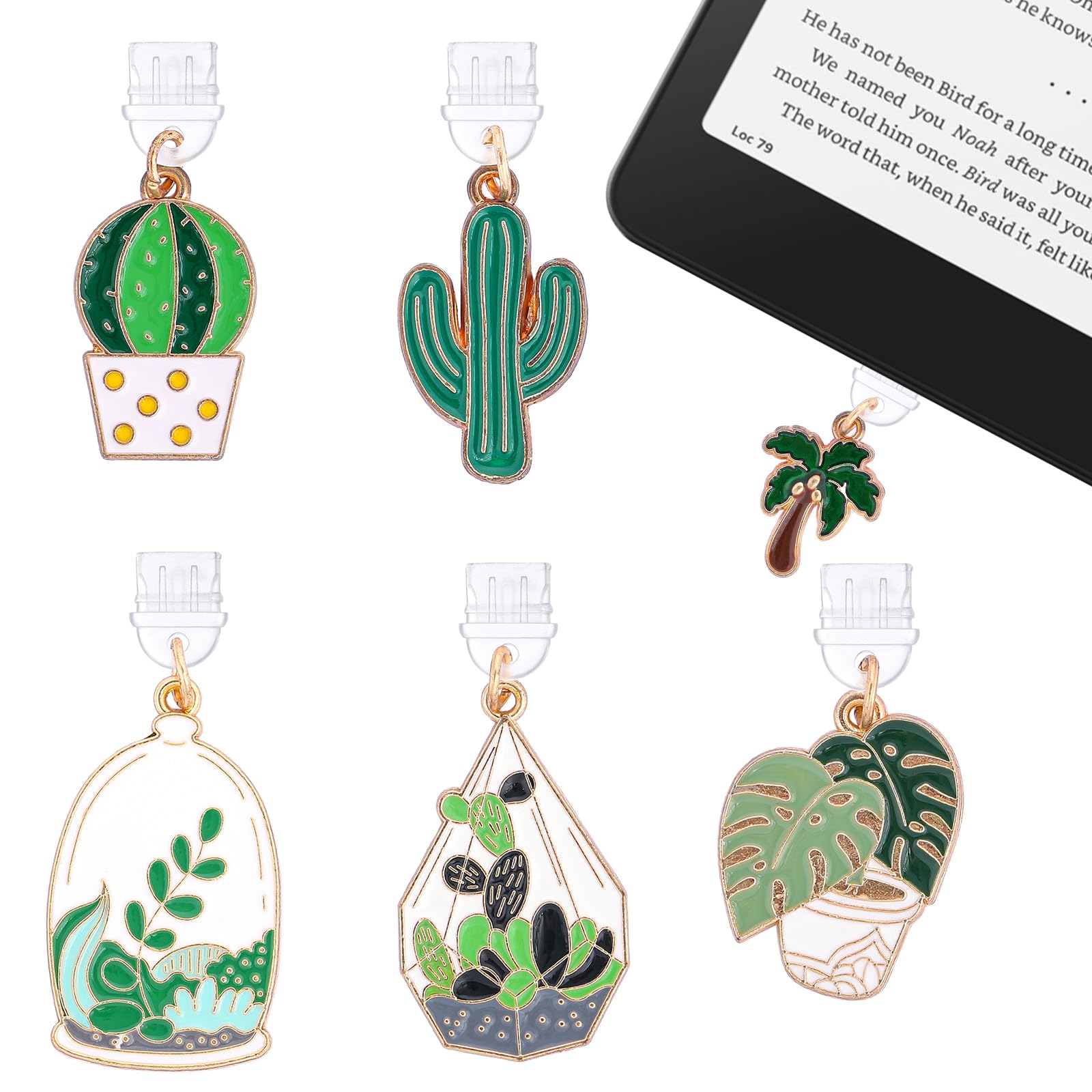 TAKEALOOKO Dust Plug Charms for Kindle - 6 Pack Green Plants Charging Port Cover for Phone Type C/USB C, Gift for Book Lover Boo