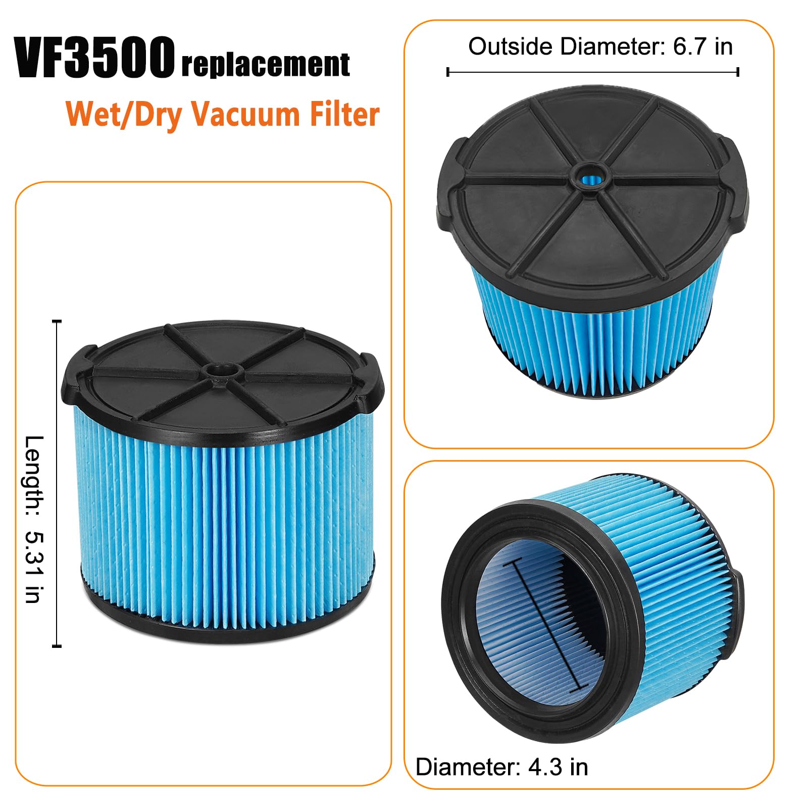 Lvjusen Vf3500 Filter Replacement For Ridgid 4 Gallon Shop Vaccum, Fine Dust Filter For 3/4/4.5 Gallon Wet Dry Portable Vacuums,