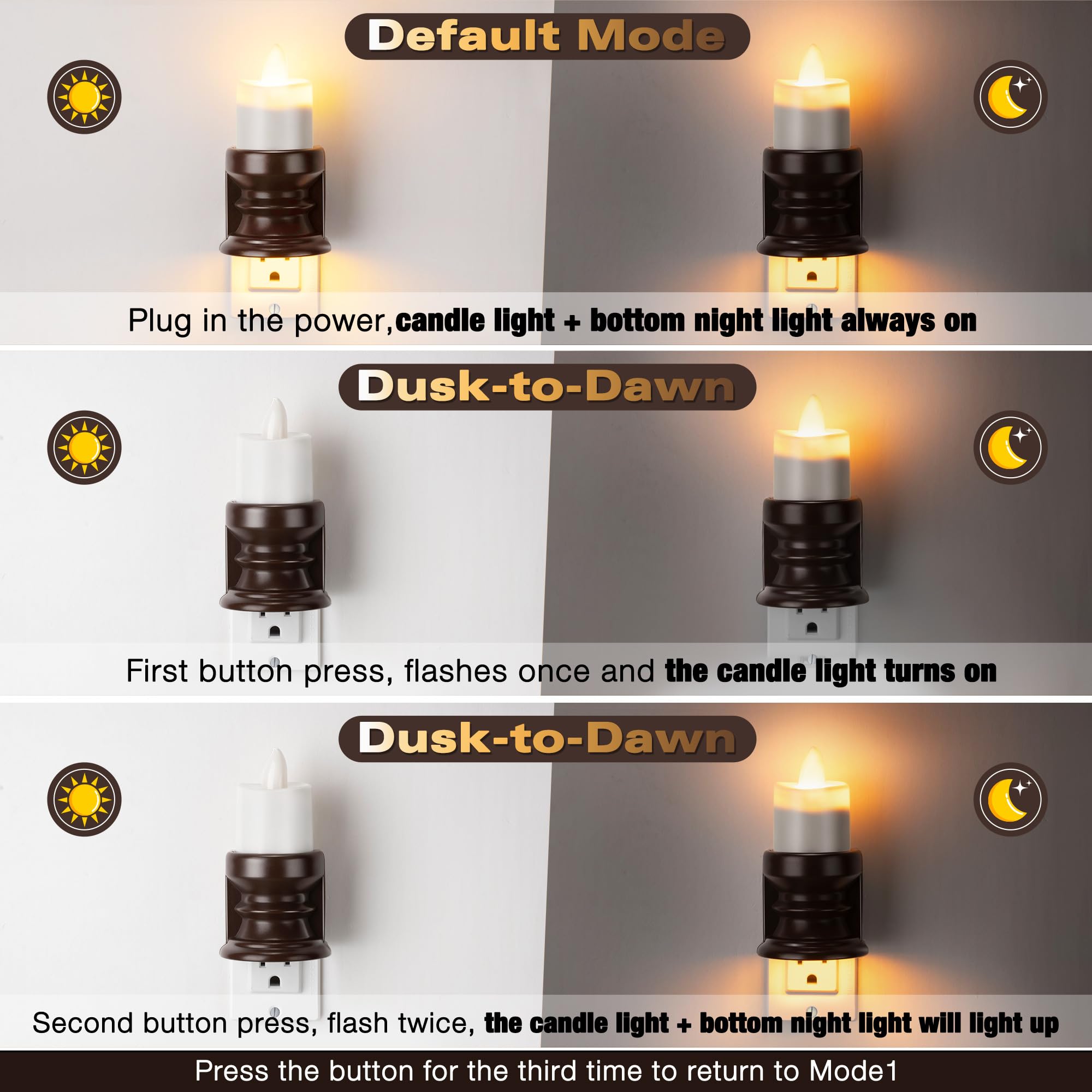 Meonum 2 Pcs Flameless Candle Night Light Plug Into Wall, Led Motion Sensor Dusk To Dawn Nightlight Farmhouse Vintage Rustic Fli