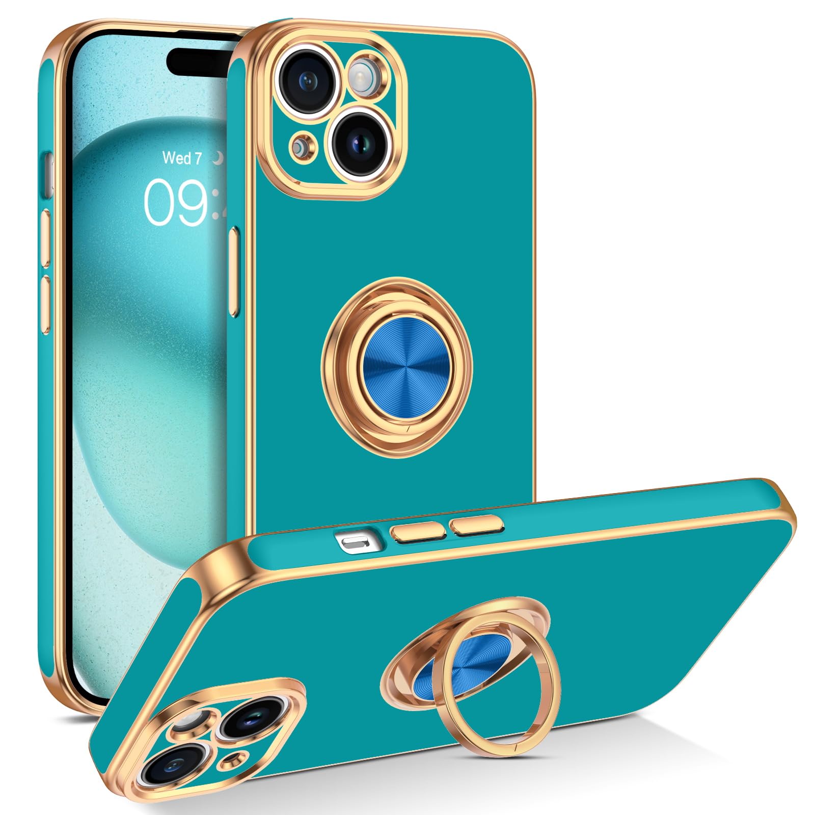 Bentoben Compatible With Iphone 15 Case, Phone Case Iphone 15, Slim Fit 360 Ring Holder Shockproof Kickstand Magnetic Car Mount 