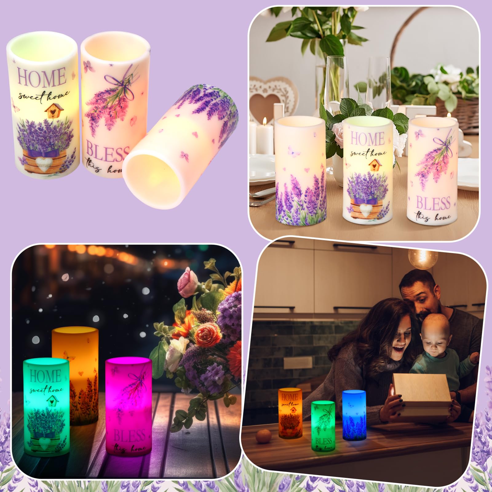 Threlaco 3 Pcs Purple Lavender Flameless Candles With Remote Color Changing Battery Operated Led Pillar Bless This Home Candles