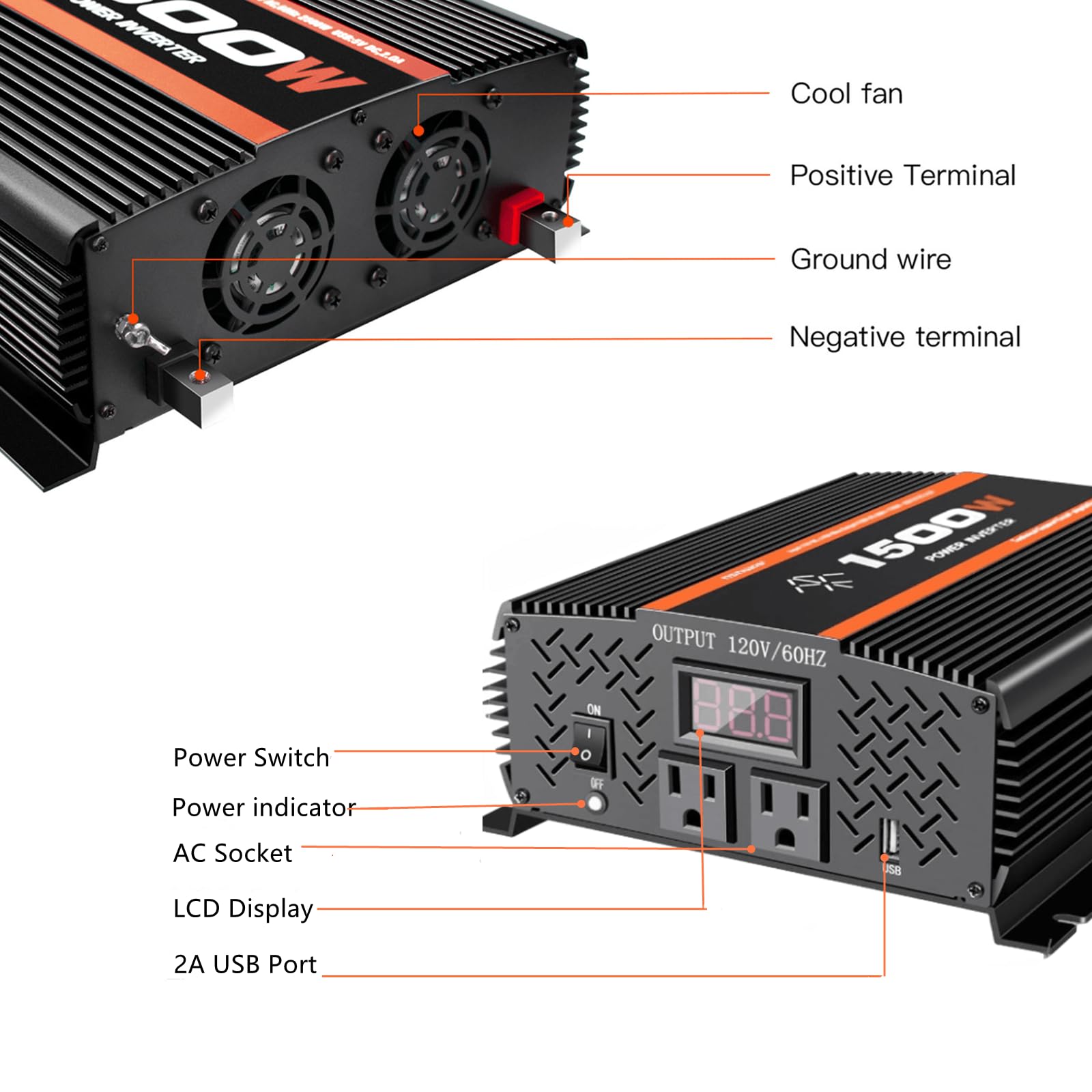 Tvnikd 1500 Watt Car Power Inverter 12V To 110V/120V For Rv Car Truck Semi Truck Vehicles Camping With Lcd Display 1500W