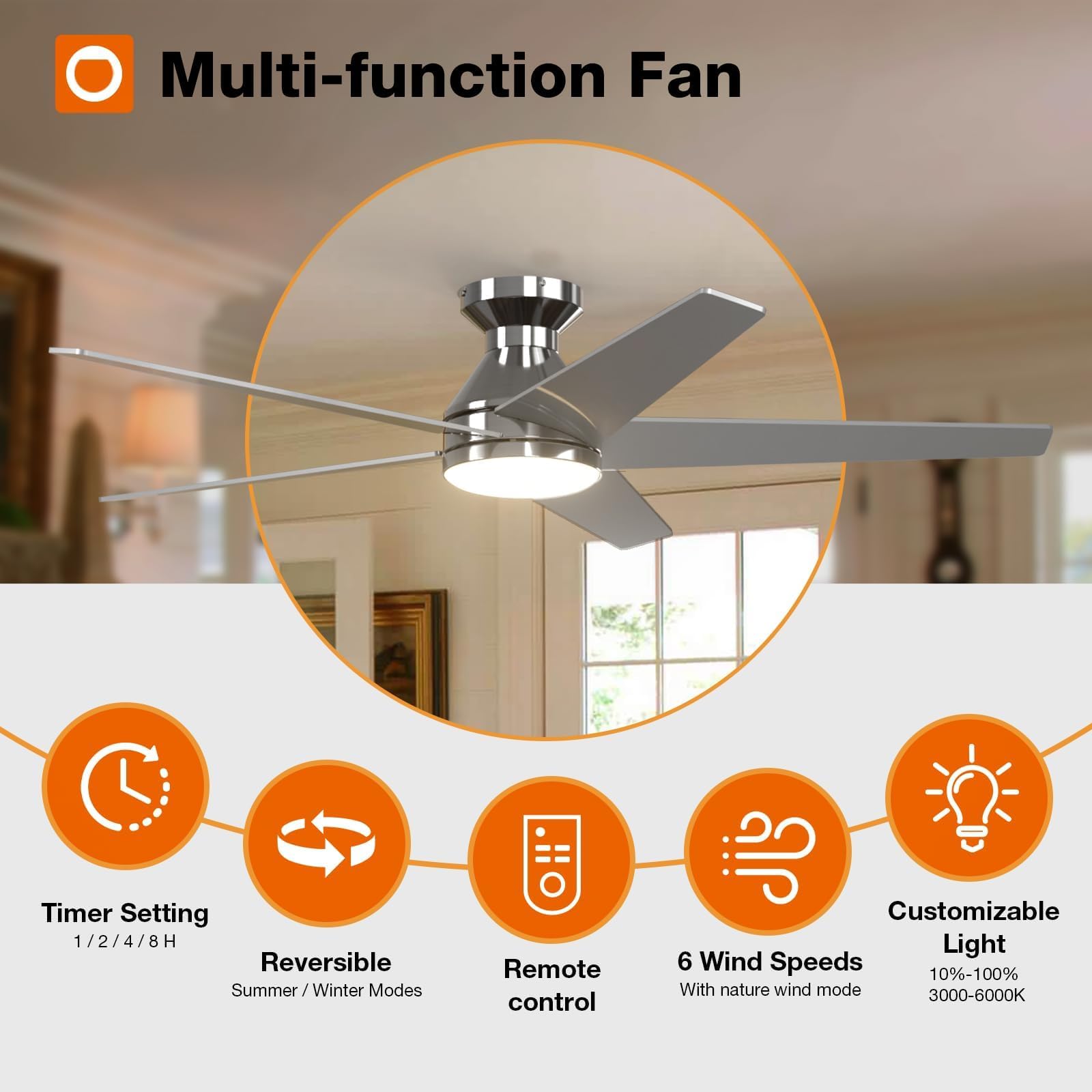 Addlon Ceiling Fans With Lights, 52 Inch Low Profile Ceiling Fan With Light And Remote Control, Flush Mount, Reversible, 3Cct, D