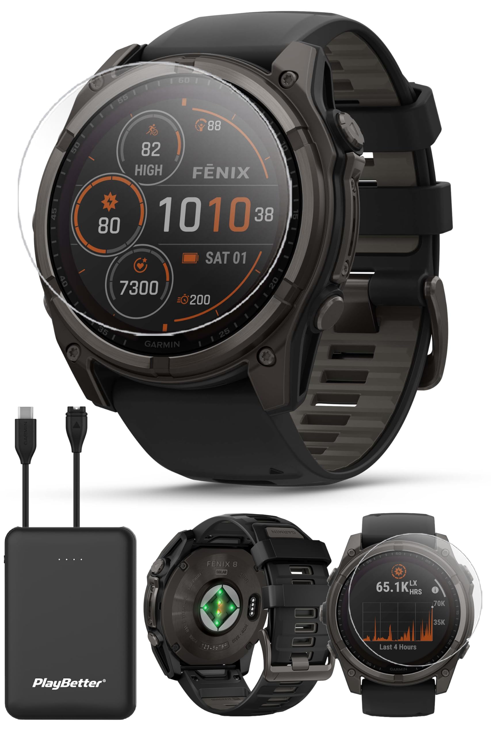 PlayBetter Garmin Fenix 8 Solar Sapphire (51mm, Carbon Gray DLC Titanium) Multisport GPS Smartwatch Bundle - 1.4    Touchscreen,