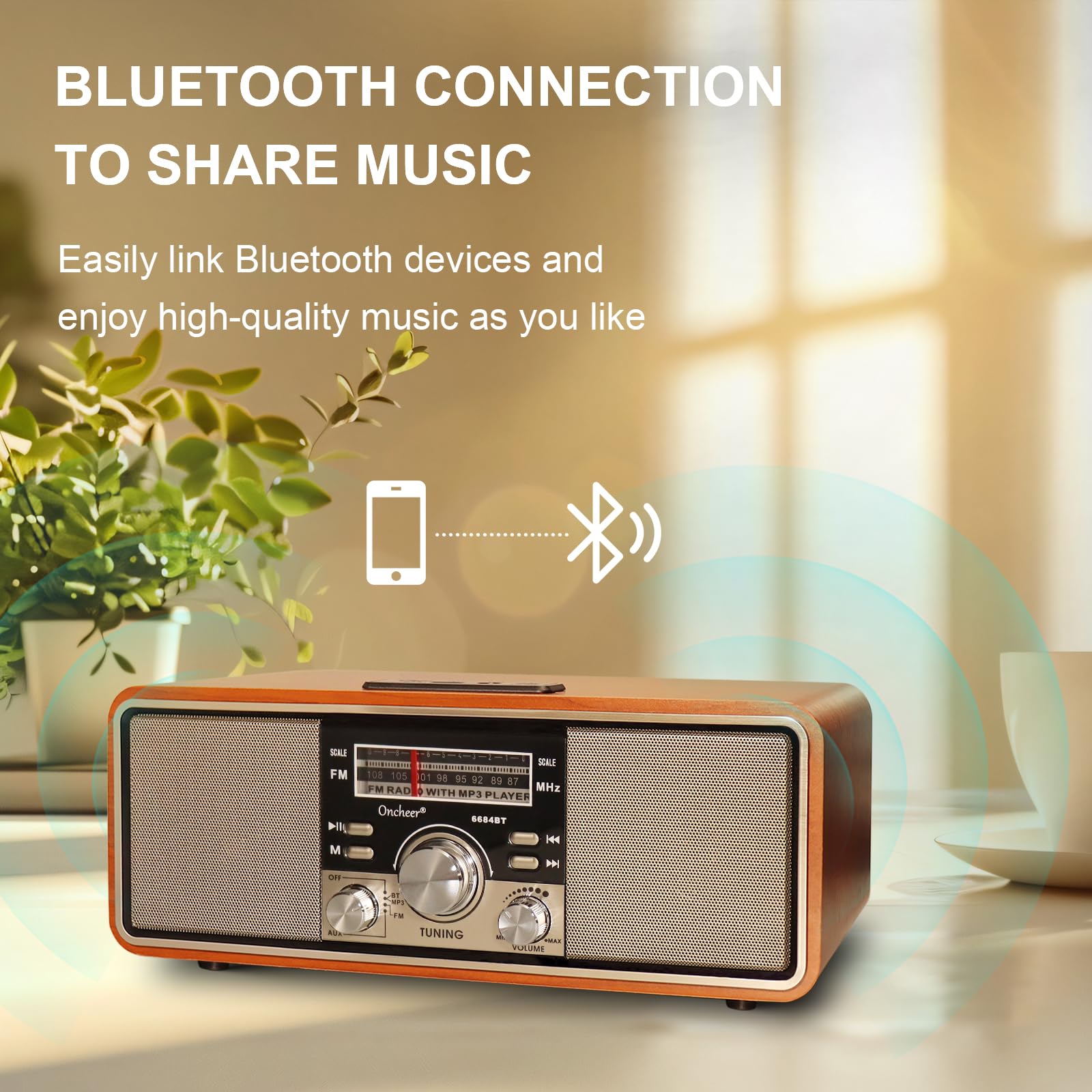 Oncheer Retro Vintage Fm Radio For Home, Wood Speaker Radios With Bluetooth Tws Pairing, Dual Horns Loud Sound, Battery Powered,