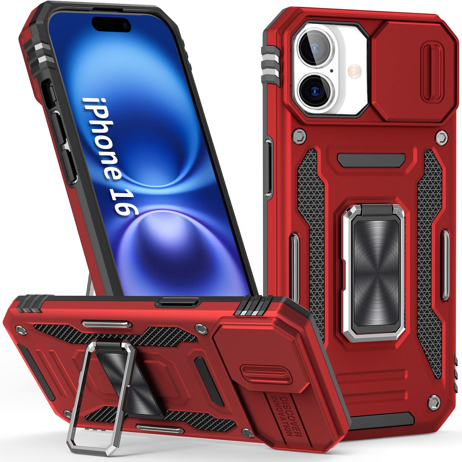 Sefing Phone Case For Iphone 16 Case 16 Iphone Phone Case With Slide Camera Cover, With Finger Ring Holder Stand, Fit Magnet Car