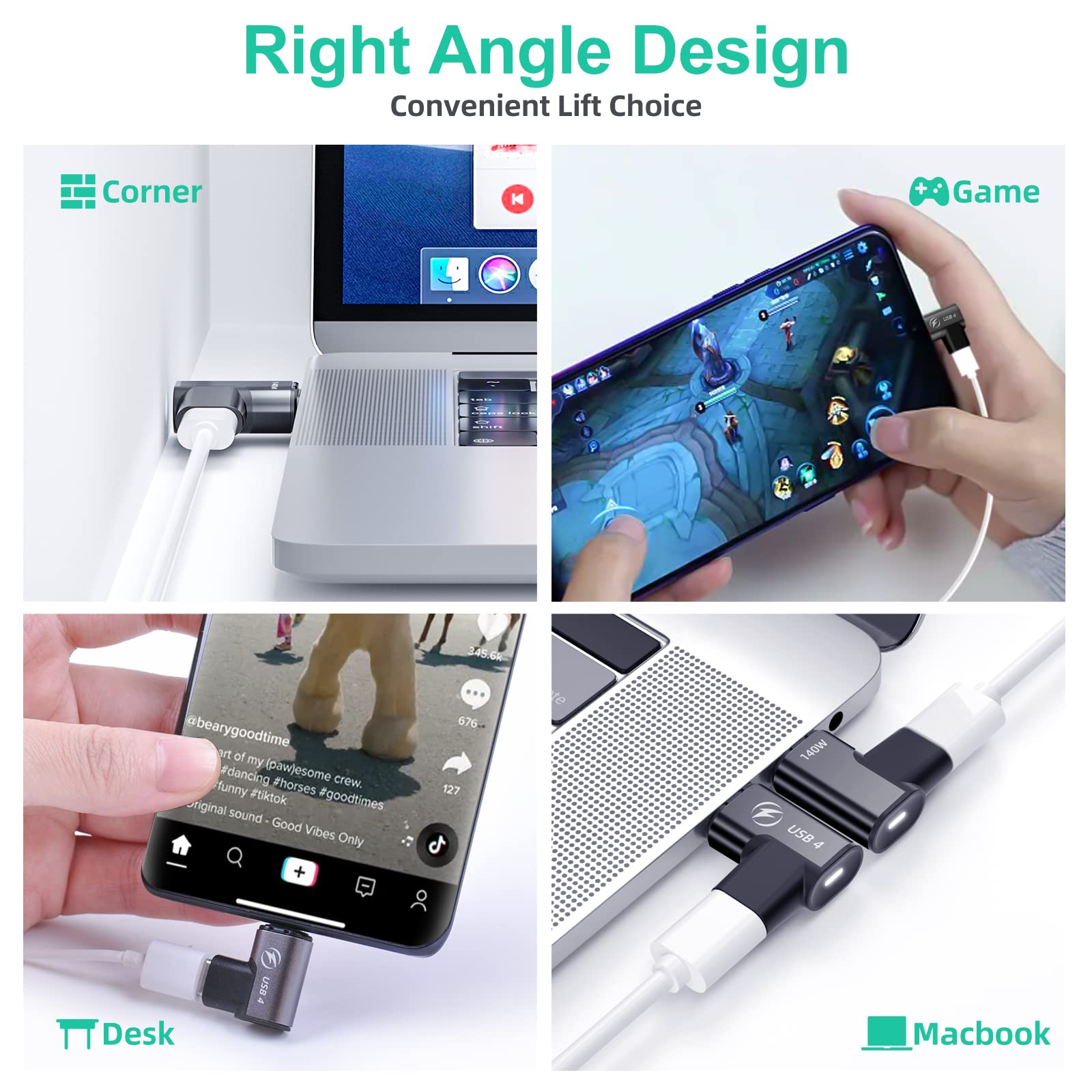 Hancenda 140W Usb C Magnetic Adapter 2Pack, 24Pins Usb C 90 Degree Adapter With Usb4 20Gbps 8K 60Hz Video For Thunderbolt 3 Macbook Pro/Air, Tablet, Laptop, Iphone 15/16 Pro/16 Plus/16 Pro Max