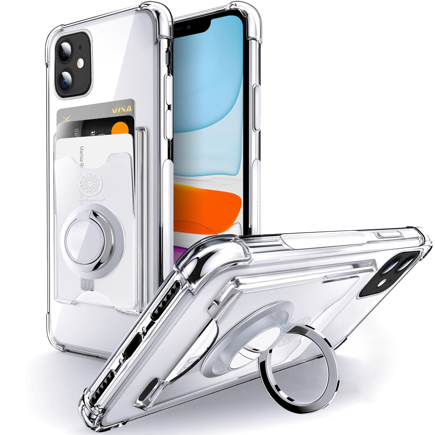 Shields Up Designed for iPhone 11 Case, Minimalist Wallet Case with Card Holder [3 Cards] & Ring Kickstand/Stand, [Drop Protecti