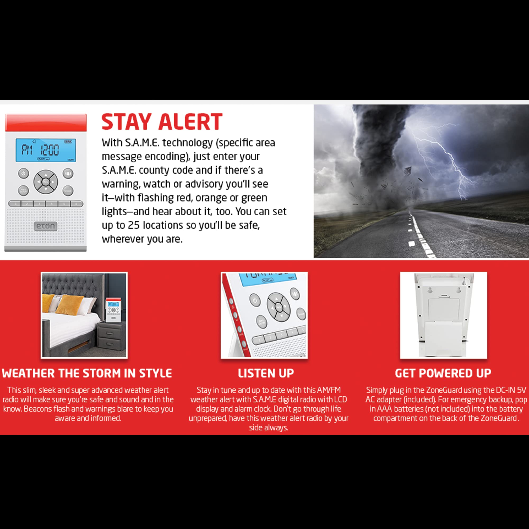 Eton - American Red Cross Zoneguard Weather Radio, White, Siren/Buzzer (90Db), 3 Color Led Alert Light Bar, Lcd Display, Detacha