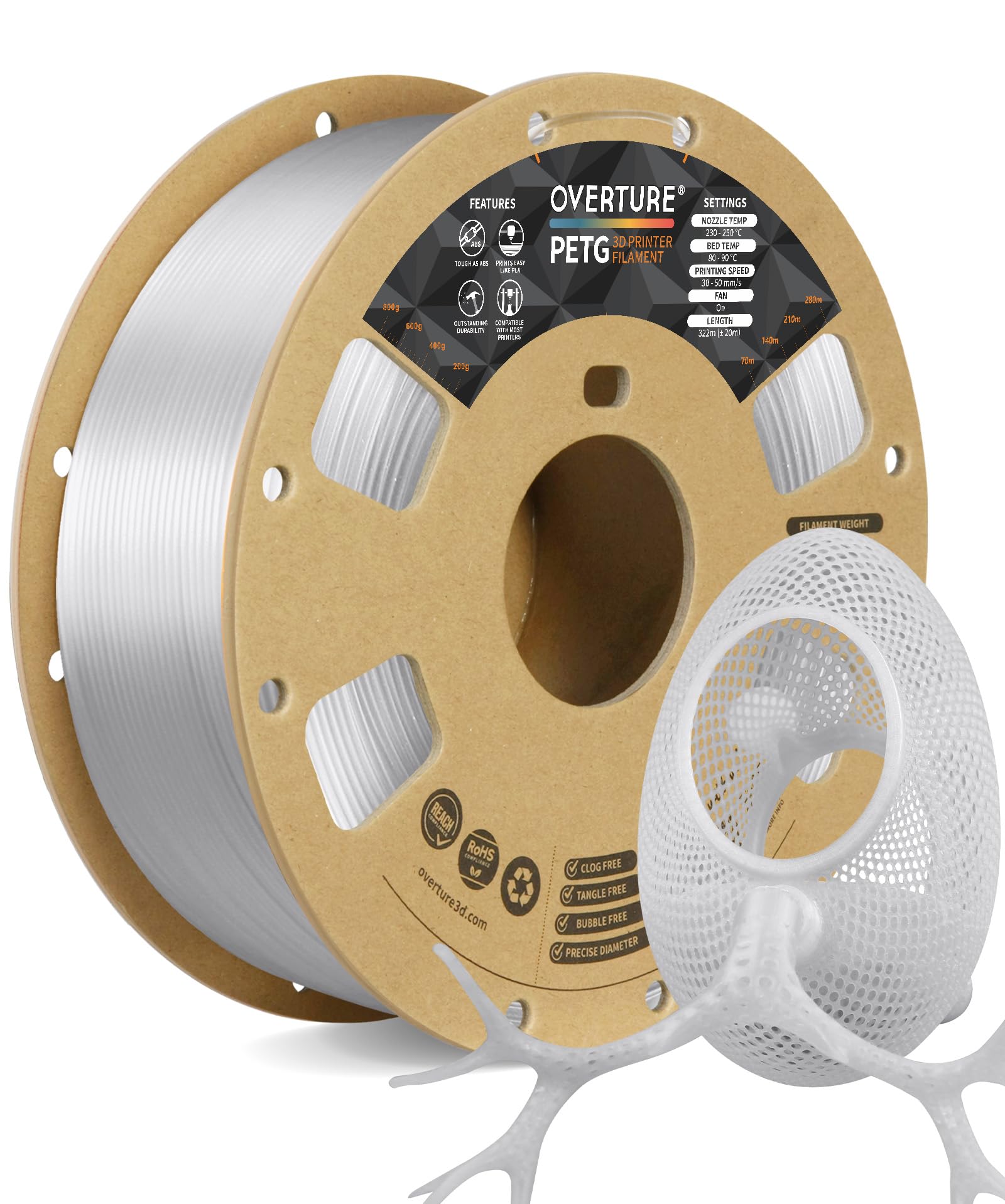 Overture Transparent Filament Clear Petg Filament 1.75Mm, Petg Transparent 3D Printer Consumables, 1Kg Filament (2.2Lbs), Dimens