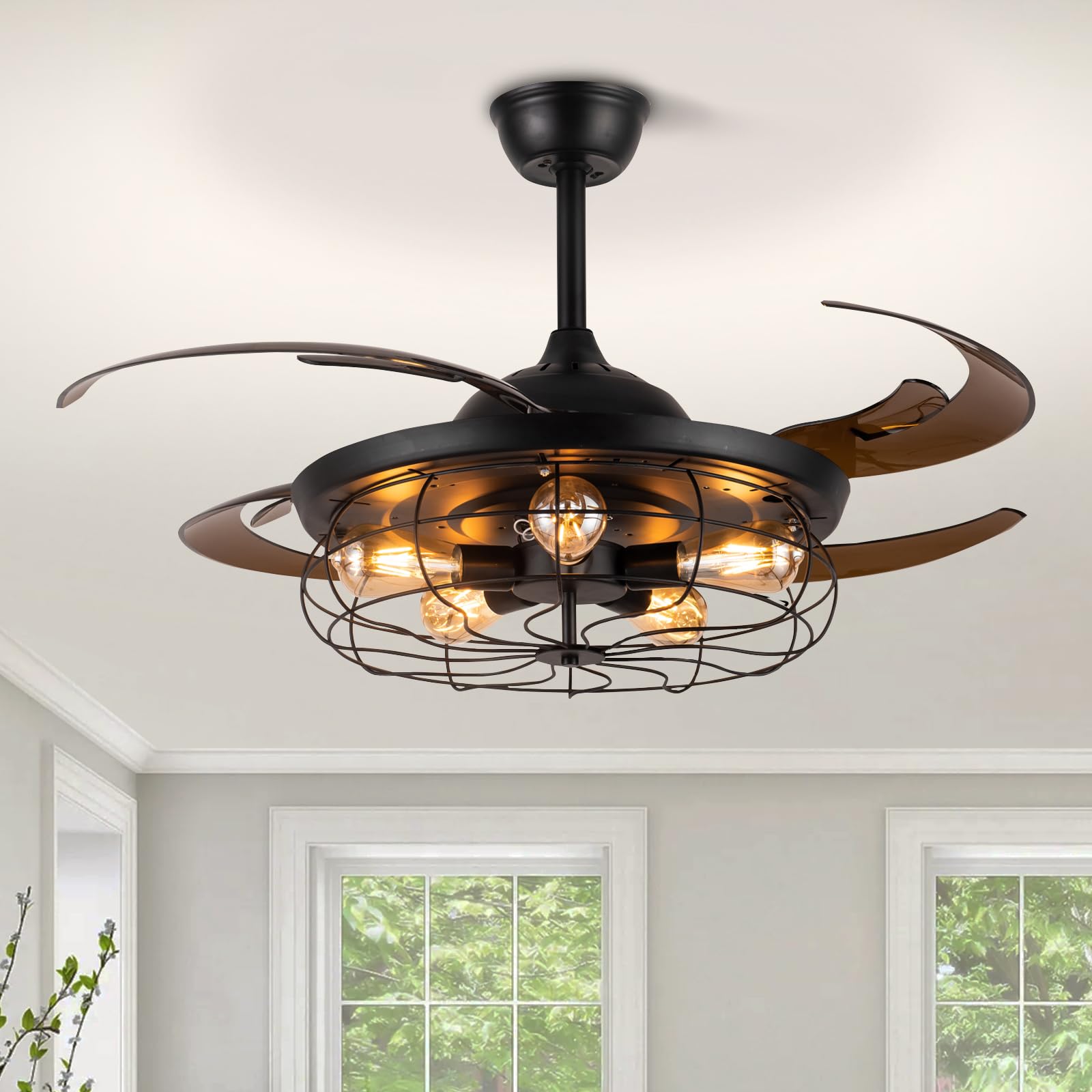 Siljoy Retractable Ceiling Fan with Lights Black Industrial Caged Ceiling Fan with Remote Controller Farmhouse Chandelier Fan wi