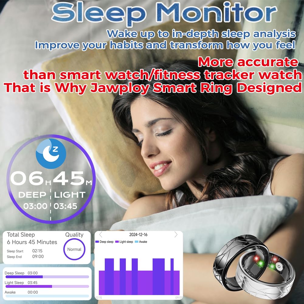 Smart Ring Fitness Tracker Sleep Tracking Heart Rate Monitor Pedometer, Waterproof Activity Tracker Fitness Ring Steps Counter,