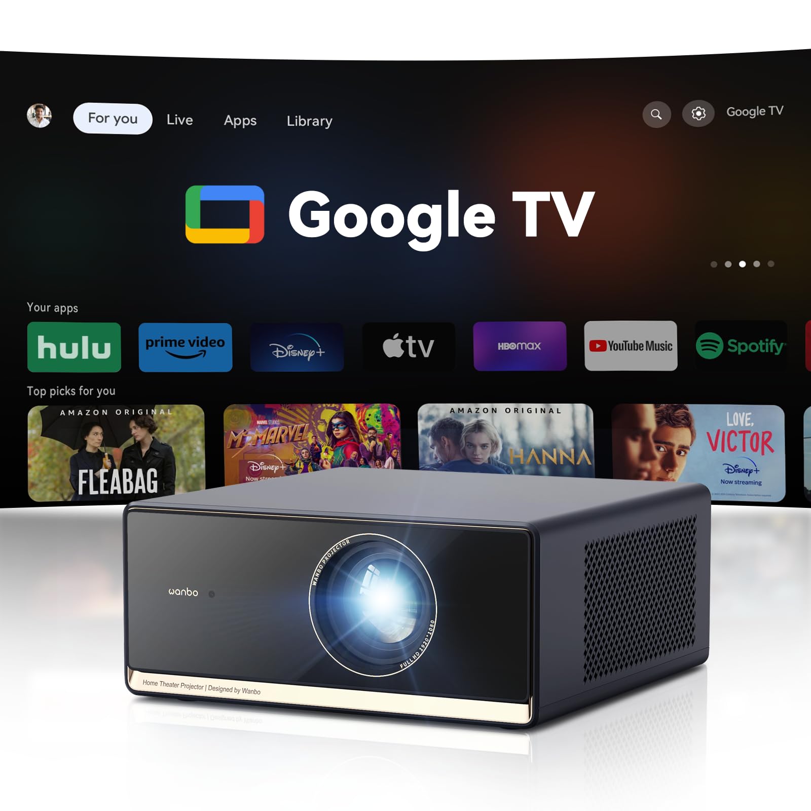 Wanbo X5 Pro Google TV Smart Projector with Wi-Fi & Bluetooth, 4K Supported, 1100 ANSI Outdoor & Home Movie Projector, Auto Focu