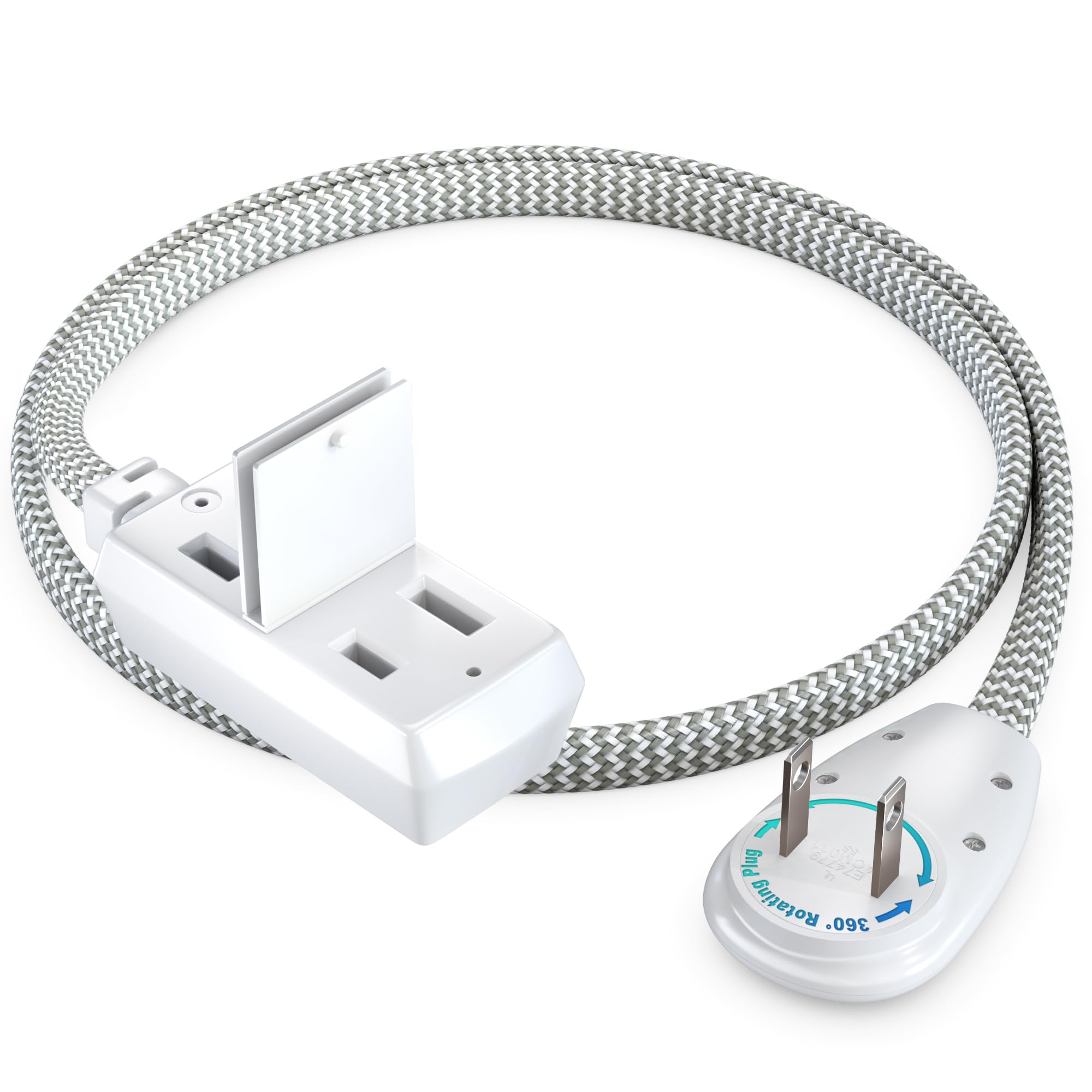 Maximm Cable 1Ft 360 Rotating Flat Plug Extension Cord/Wire, 16 Awg Multi 3 Outlet Extension Wire Braided, 2 Prong With Safety C