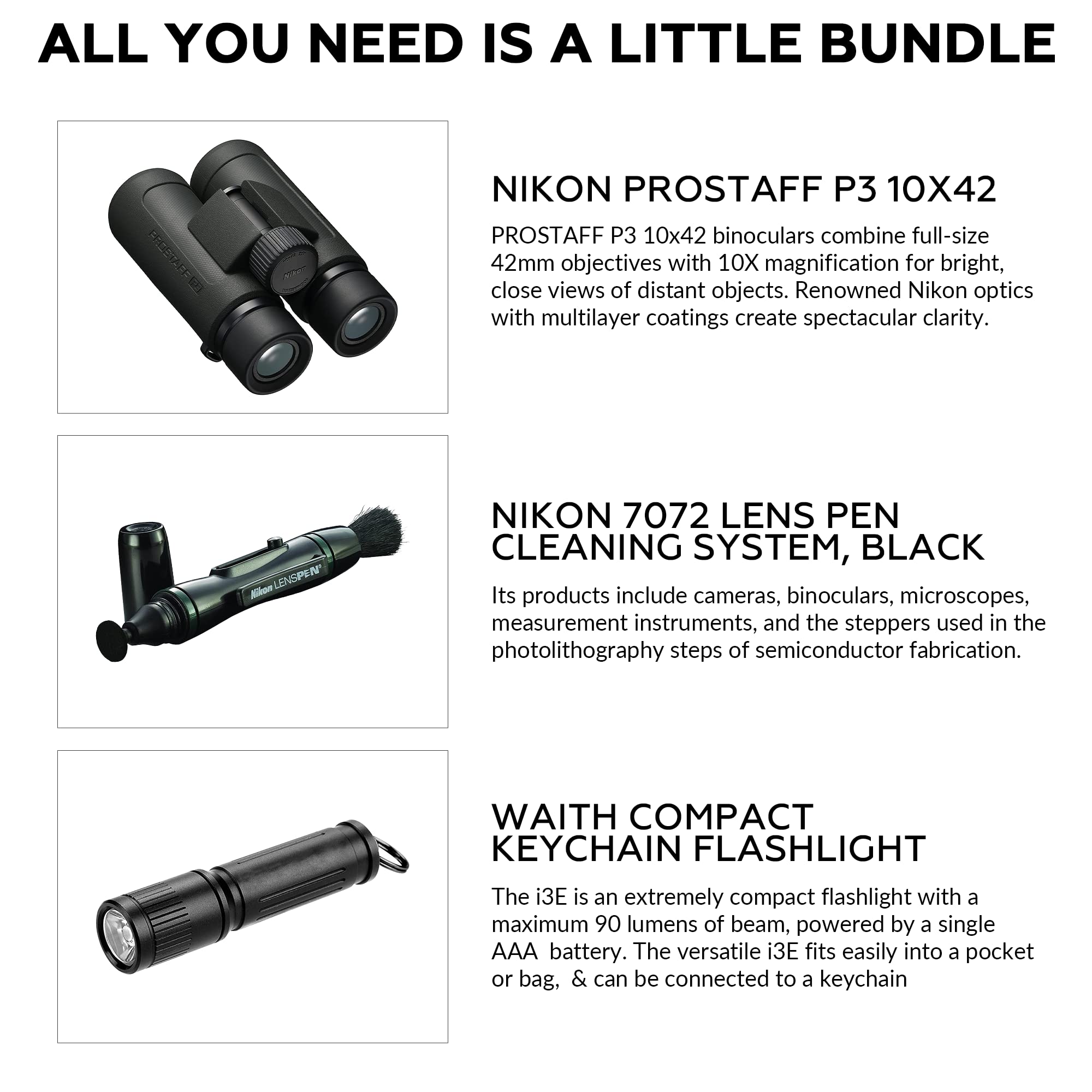 Nikon Prostaff P3 10X42 Waterproof Binocular For Adults | Small & Compact Travel Binoculars For Bird Watching | Lens Pen Cleanin