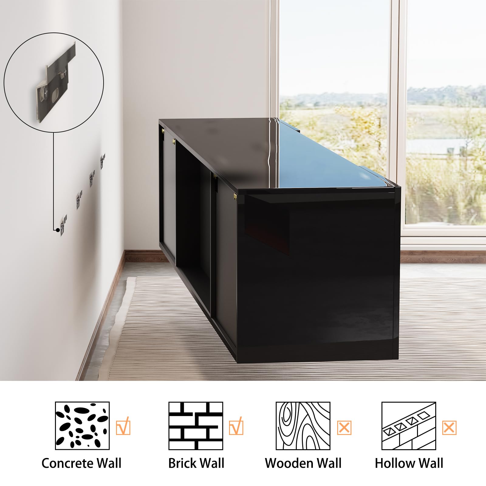 Amerlife Floating Fireplace Tv Stand, Wall Mounted Mirrored Entertainment Center With 40'' Electric Fireplace, Modern Led Lights