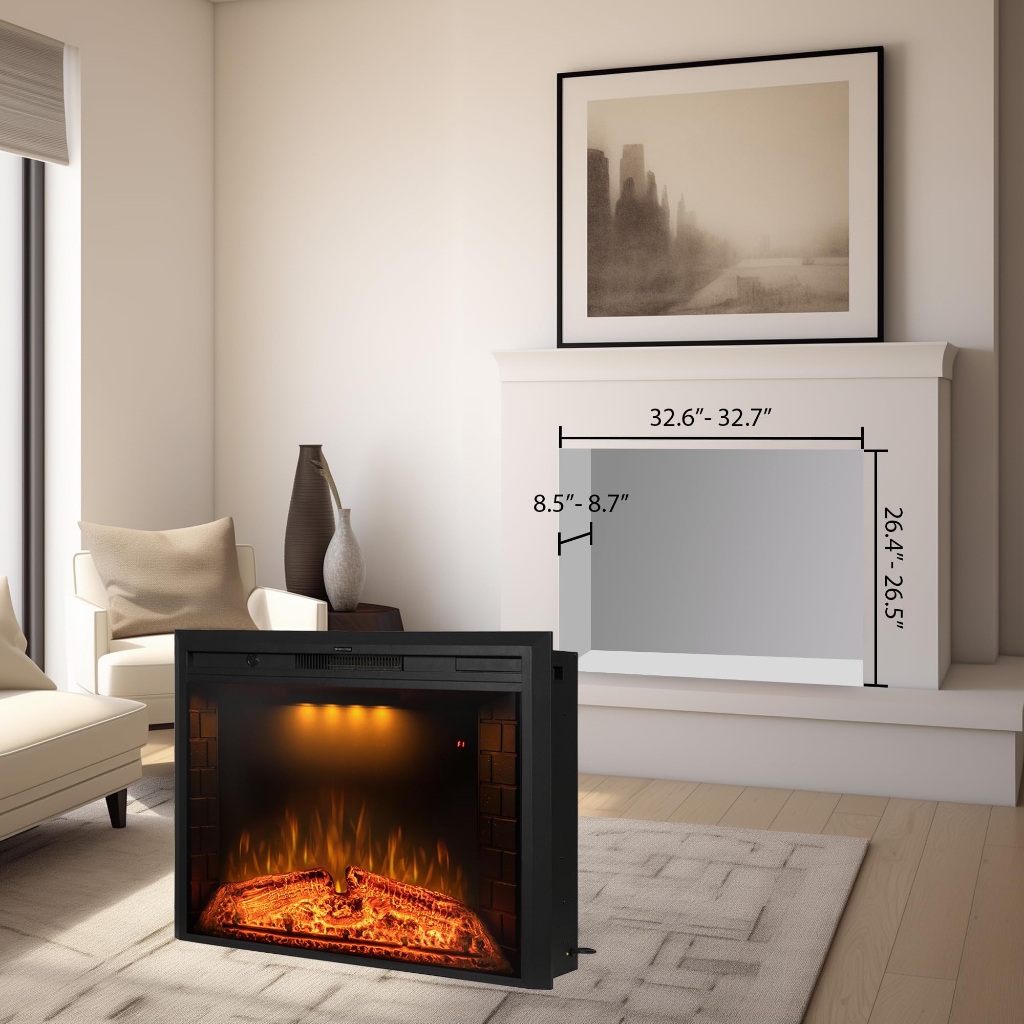 Benrocks 36'' Electric Fireplace Inserts, Recessed & Built In Wall Electric Fireplace Heater With Fire Crackling Sound, Adjustab