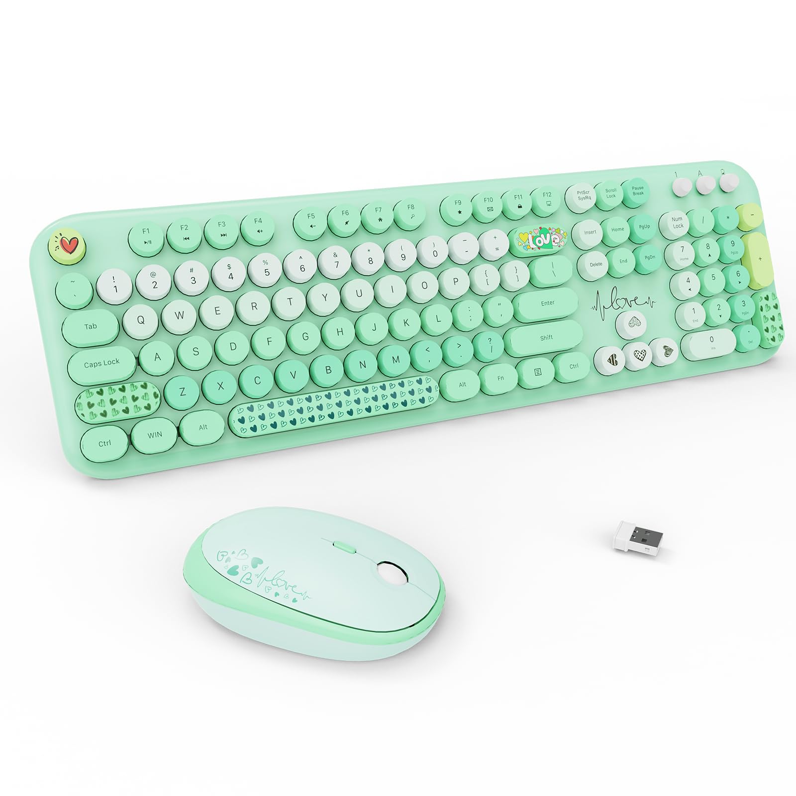 Fopett Wireless Keyboard And Mouse Combo   2.4G Full Sized Cute Colorful Retro Keyboard With Round Keycaps 104 Keys Typewriter K