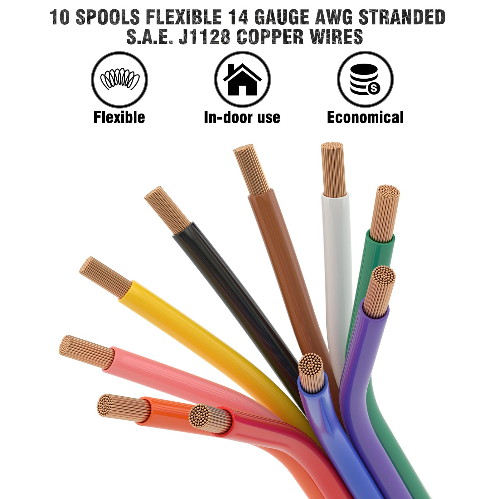 Suzco 10 Rolls 100Ft Automotive Primary Wire Spools Single Conductos Standards 14 Gauge Sae J1128, M1L56A & Ms3450 Cca Low Volta