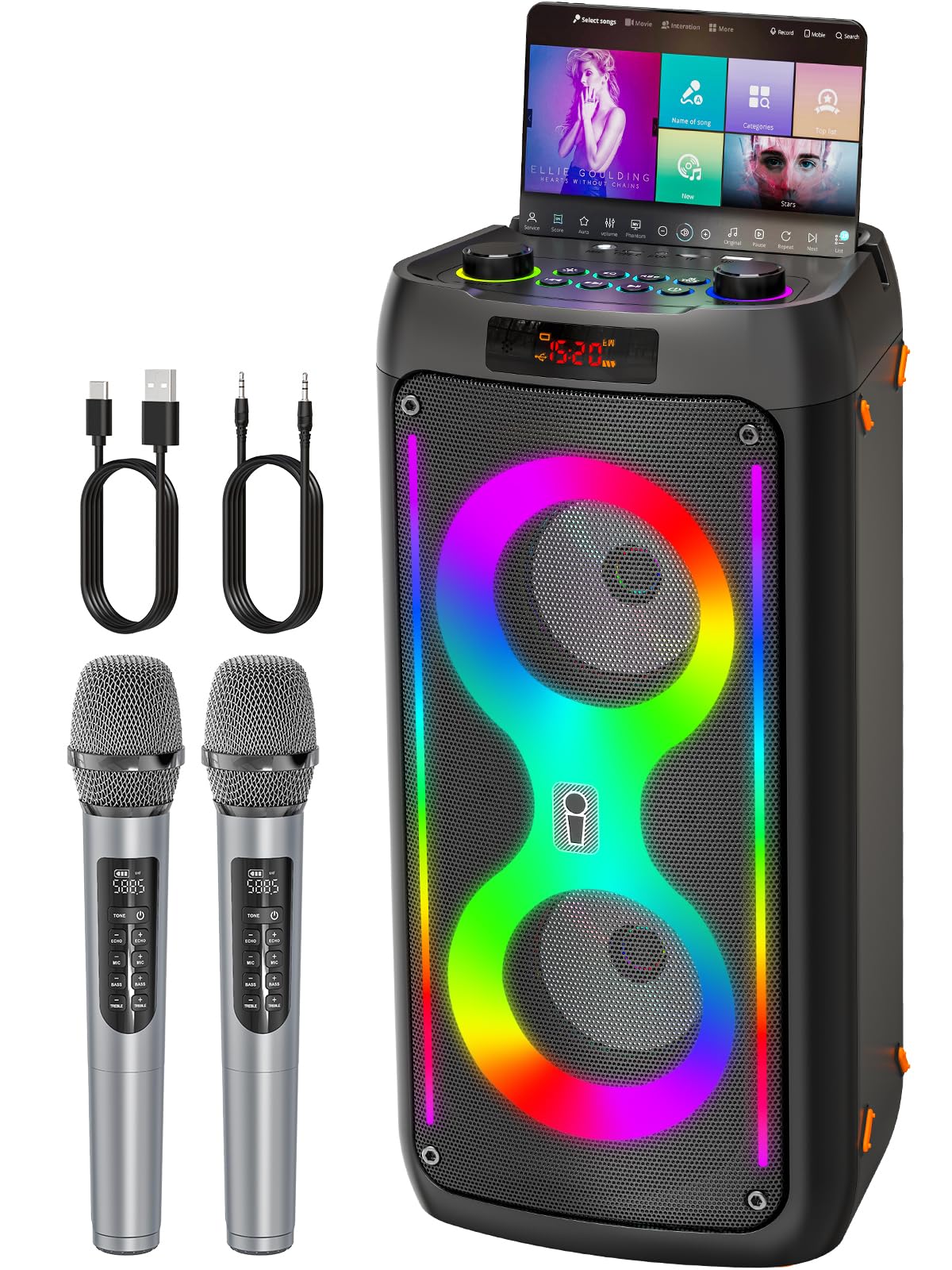 Karaoke Machine, Portable Bluetooth Speaker with 2 Wireless Microphones, PA System with Disco Lights for Big Party, Outdoor, Sup