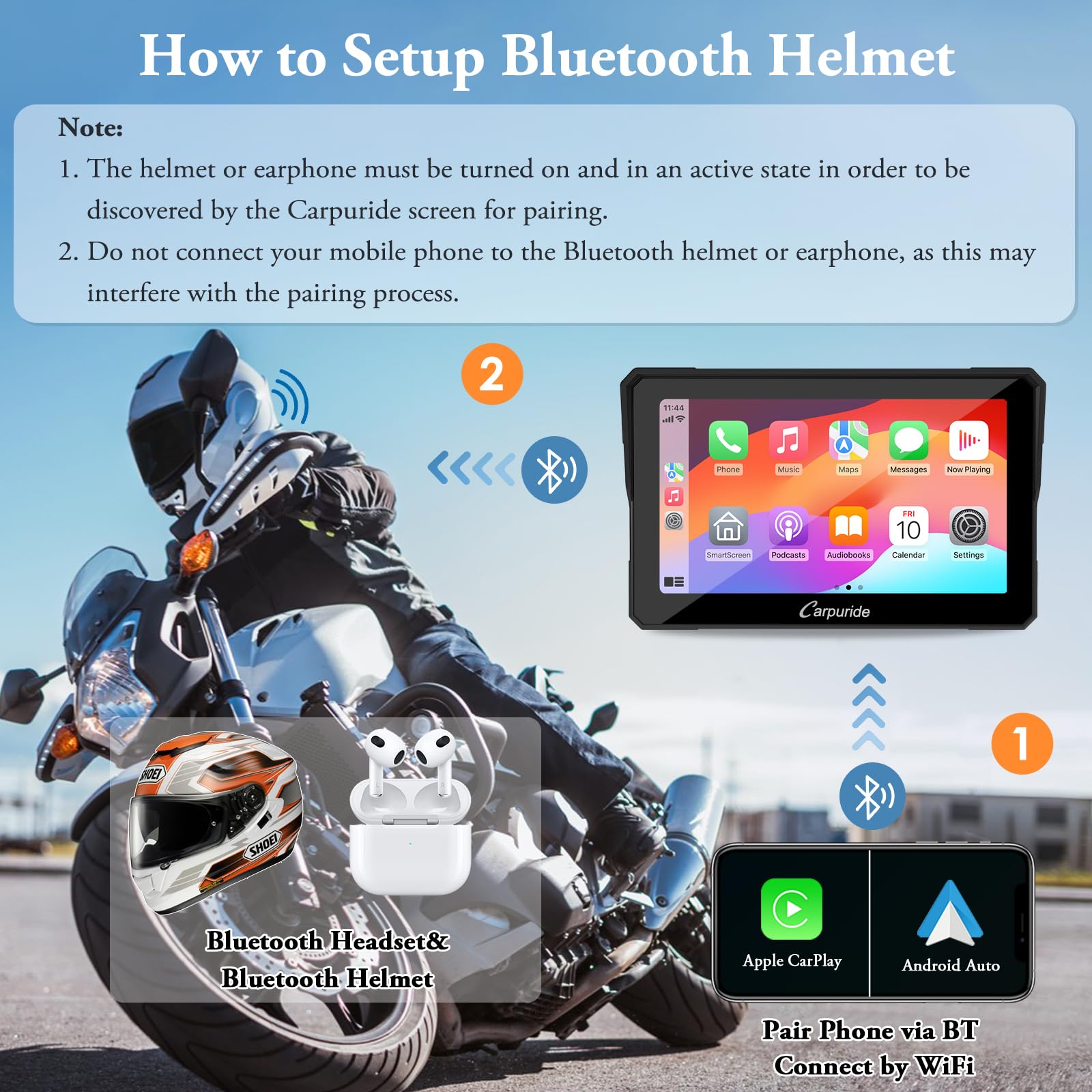 Carpuride W702 For Motorcycle, 7 Inch Waterproof Touchscreen, Portable Carplay/Android Auto Gps Navigation For Motorbike, Support Dual Bluetooth, Car Gps, Siri, G00Gle Assistant, Tf 64G