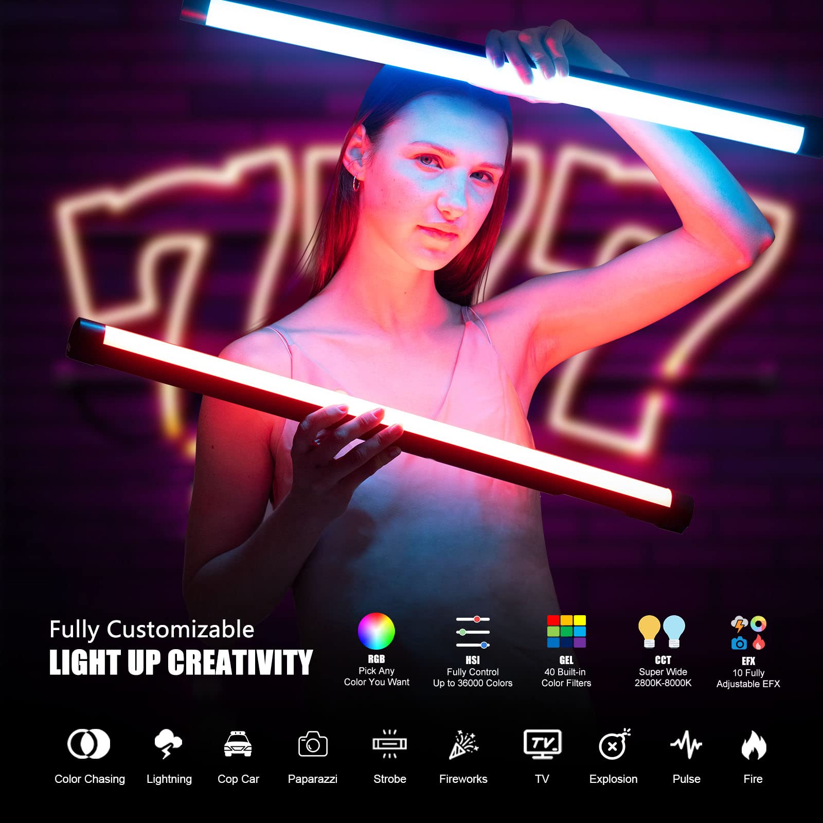 Mettlelite Tlx2 Rgb Tube Light Led Full Color Portable Video Light With App Dmx Control 2 Ft 2800K 8000K Cri96 Tlci97 360 Rgb Cc