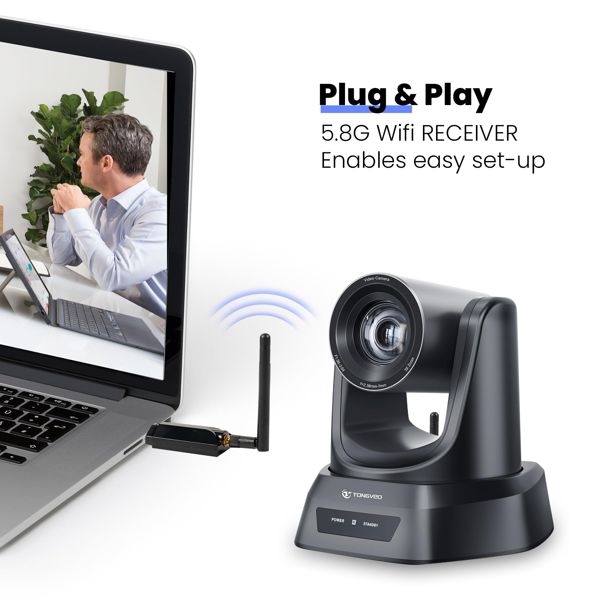 Tongveo 5.8Ghz Wireless Conference Room Camera System | 3X 60Fps Ptz Camera With Bluetooth Microphone, 50Ft Range, Compatible Wi